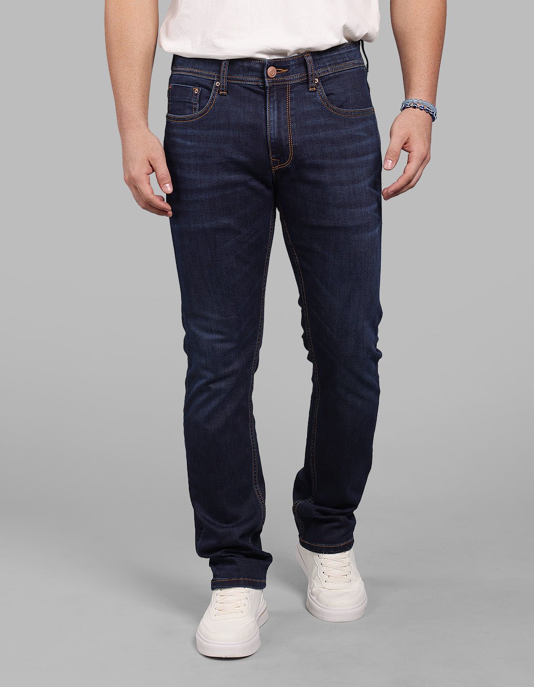 Dark Blue Mid-Rise Slim Straight Fit Stretch Jeans