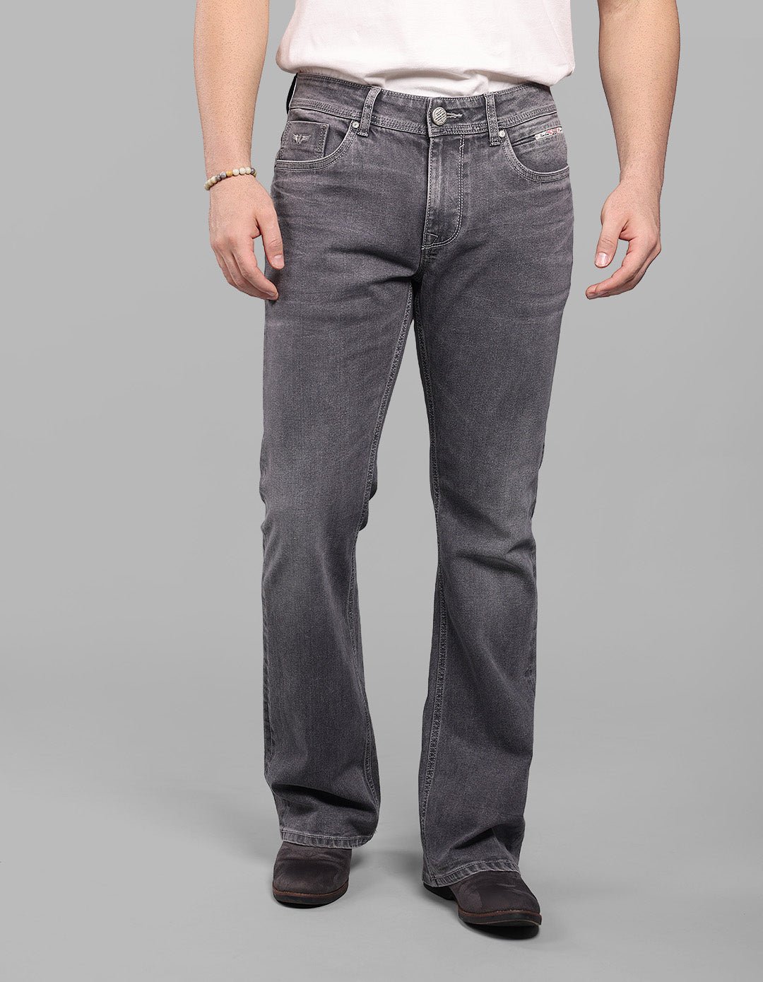 Grey Mid Rise Loose Boot Leg Stretch Jeans