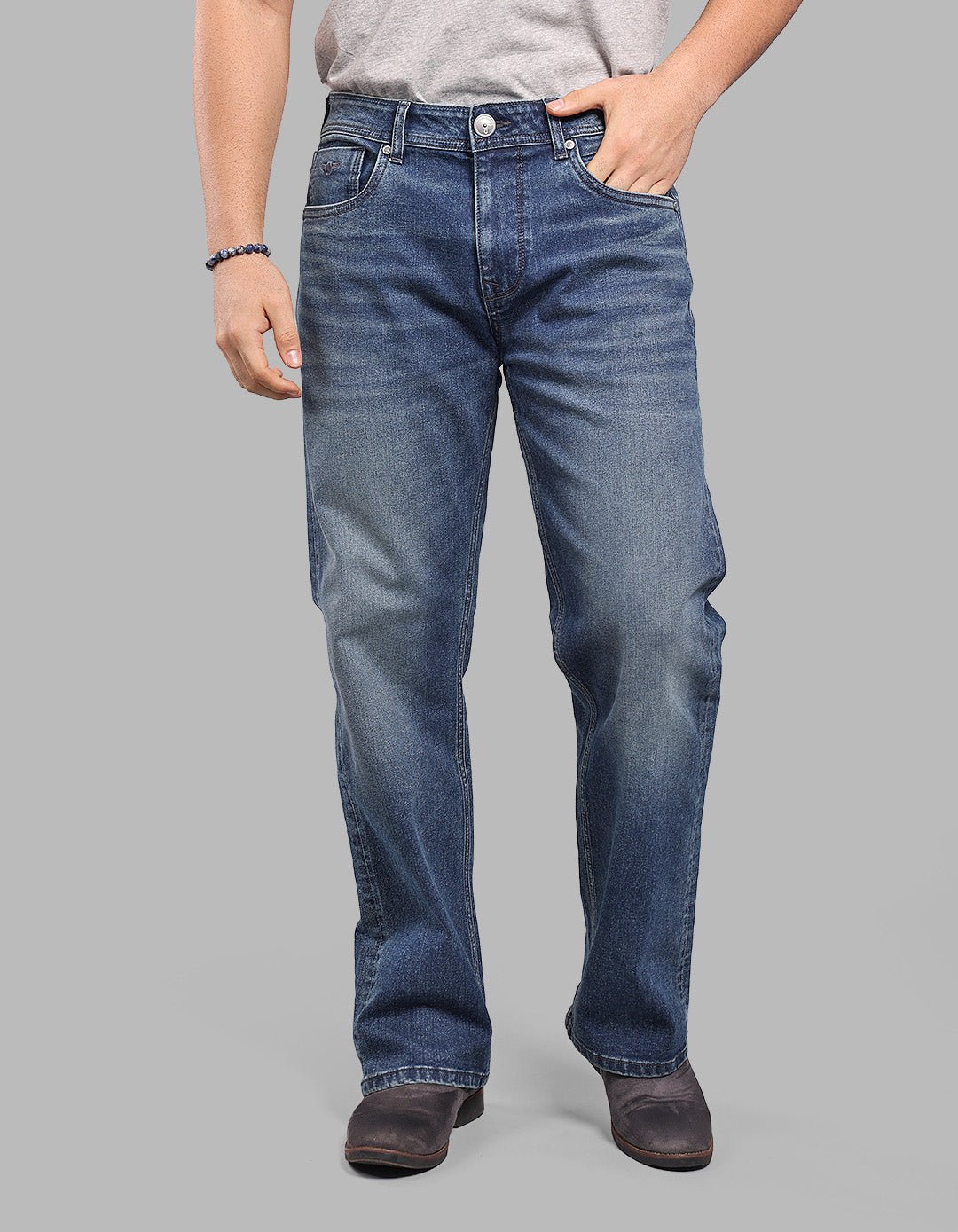 Med Blue Midrise Loose Fit Stretch Jeans