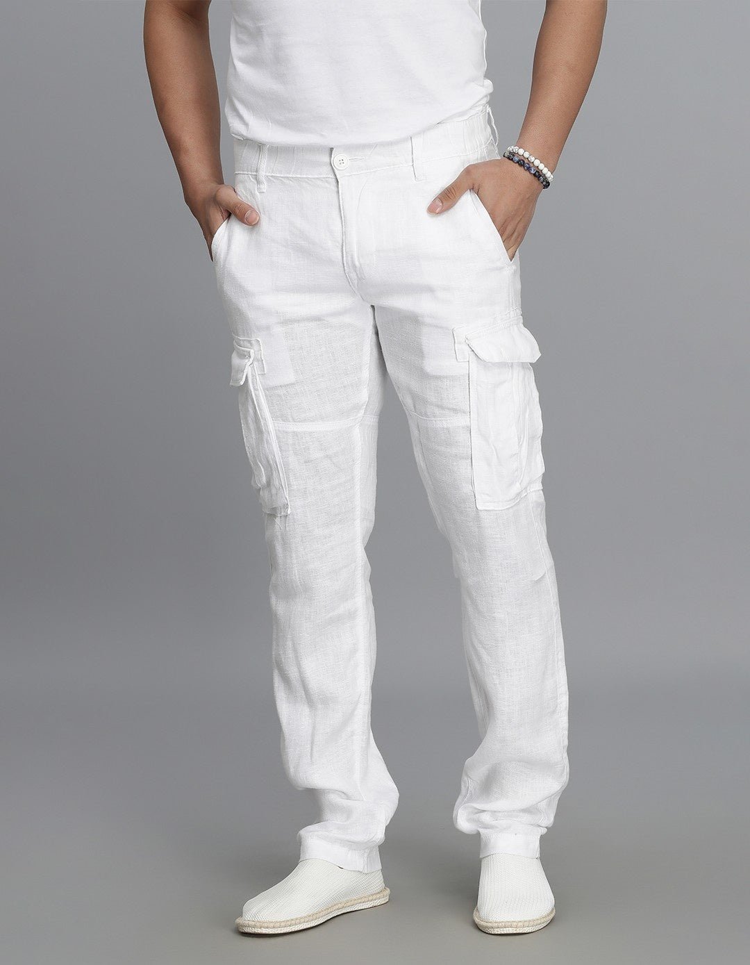 White 100% Linen Cargo Pant