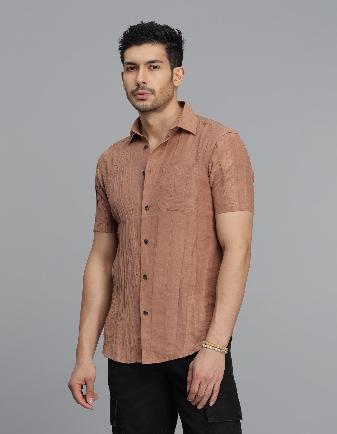 Light Brown Half Sleeves Textured Dobby Shirt