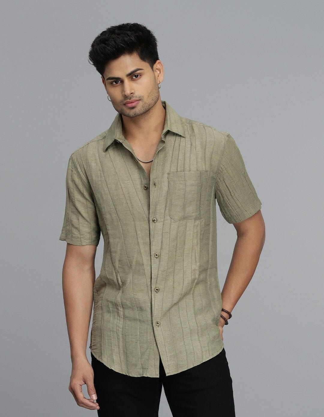 Dark Beige Half Sleeves Textured Dobby Shirt