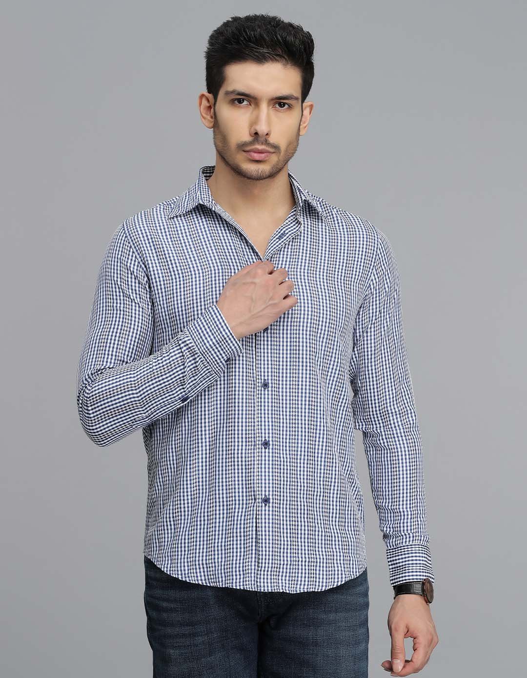 Dark Blue Full Sleeves Check Shirt