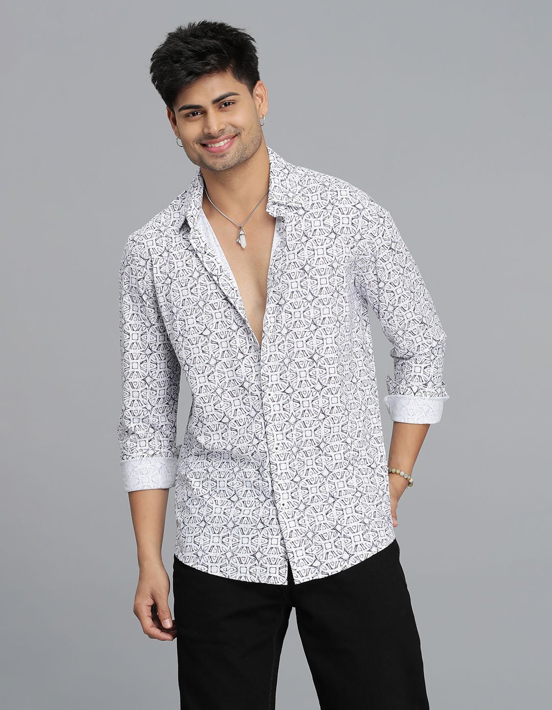 White Full Sleeves Printed Shirt