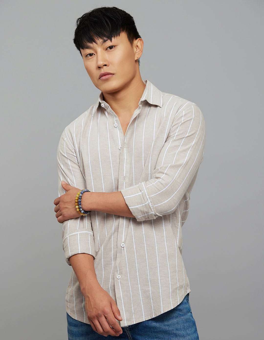 Light Sand Full Sleeves Linen Blend Stripe Shirt