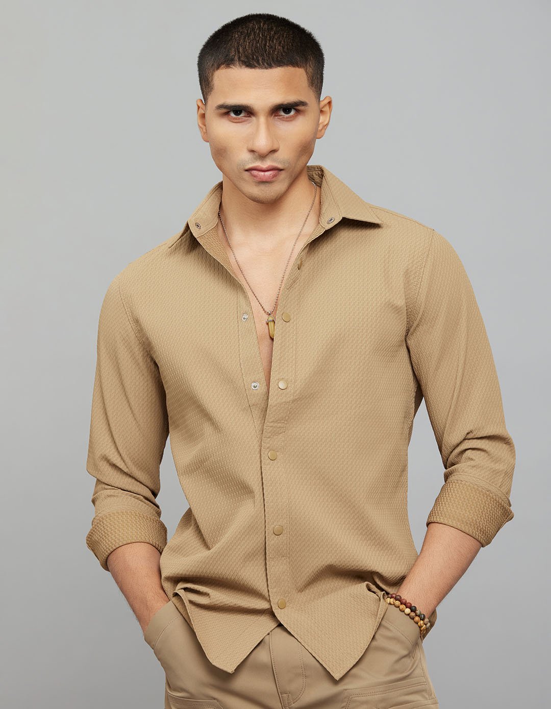 Khaki Full Sleeves Texture Shirt