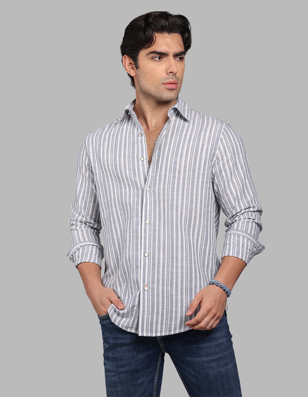 Light Grey Full Sleeve Linen Blend Stripe Shirt