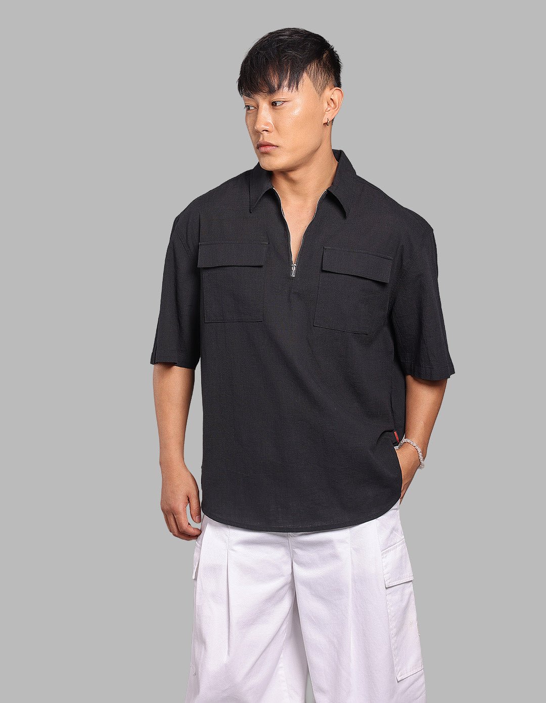 Black 100% Cotton Half Sleeve Oversized Solid Shirt