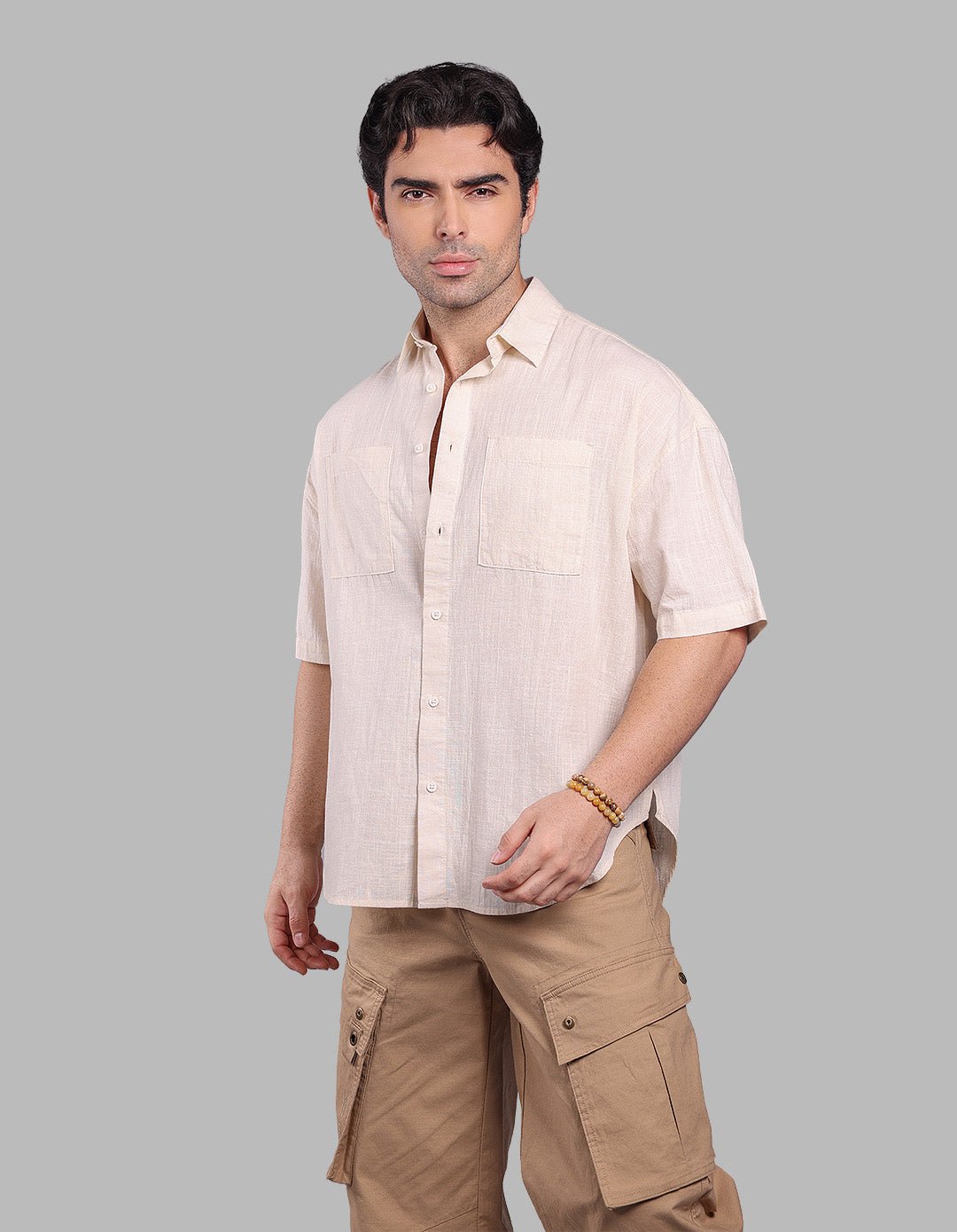 Light Beige 100% Cotton Half Sleeve Oversized Solid Shirt