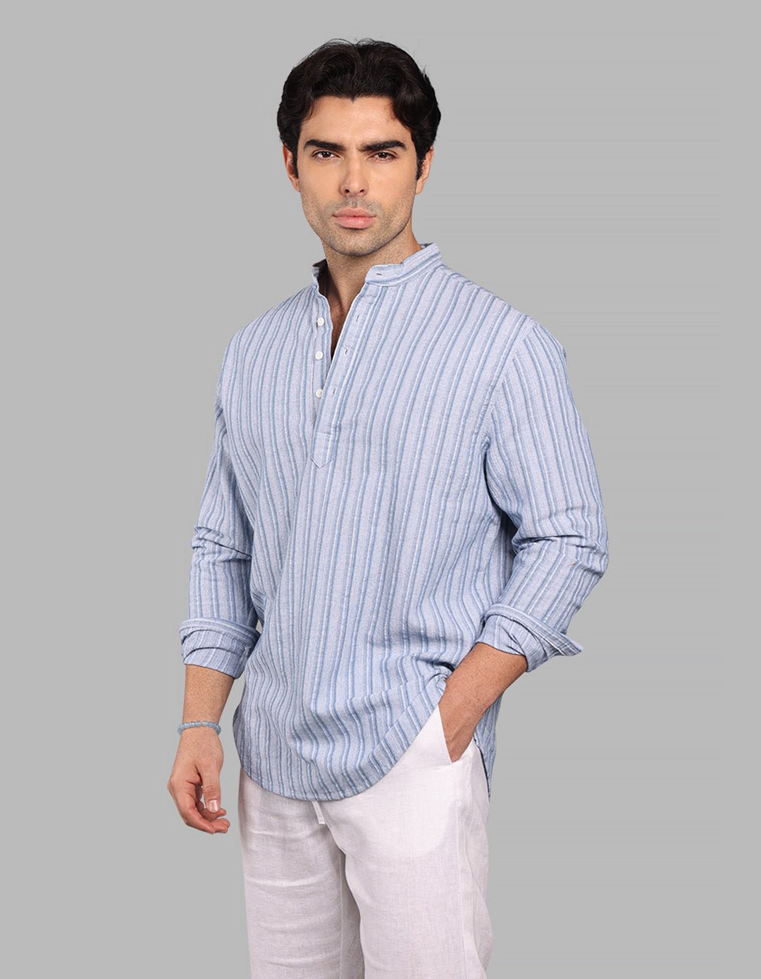 Sky Blue Relax Slim Fit Stripe Short Kurta