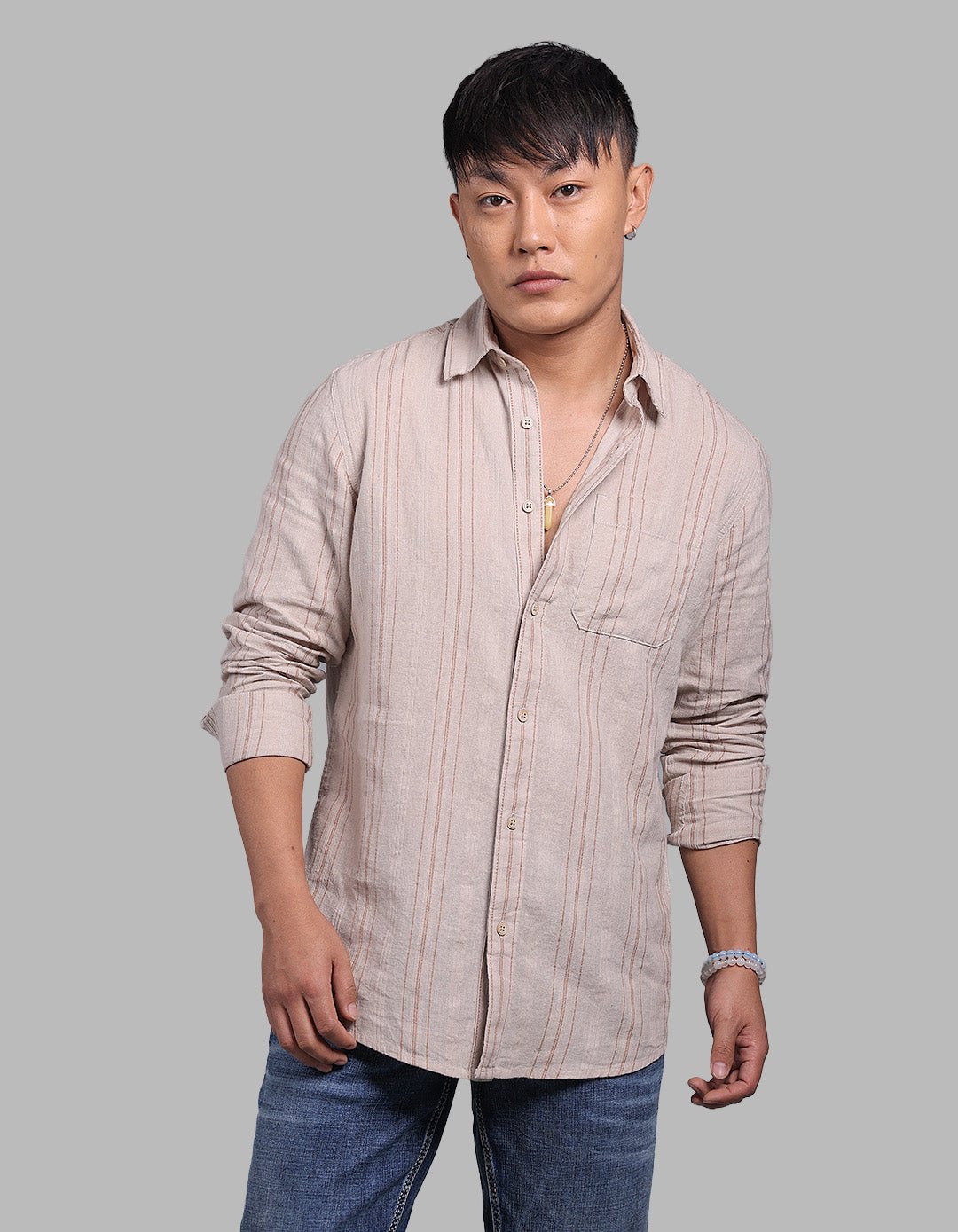Light Sand Full Sleeve Linen Blend Stripe Shirt