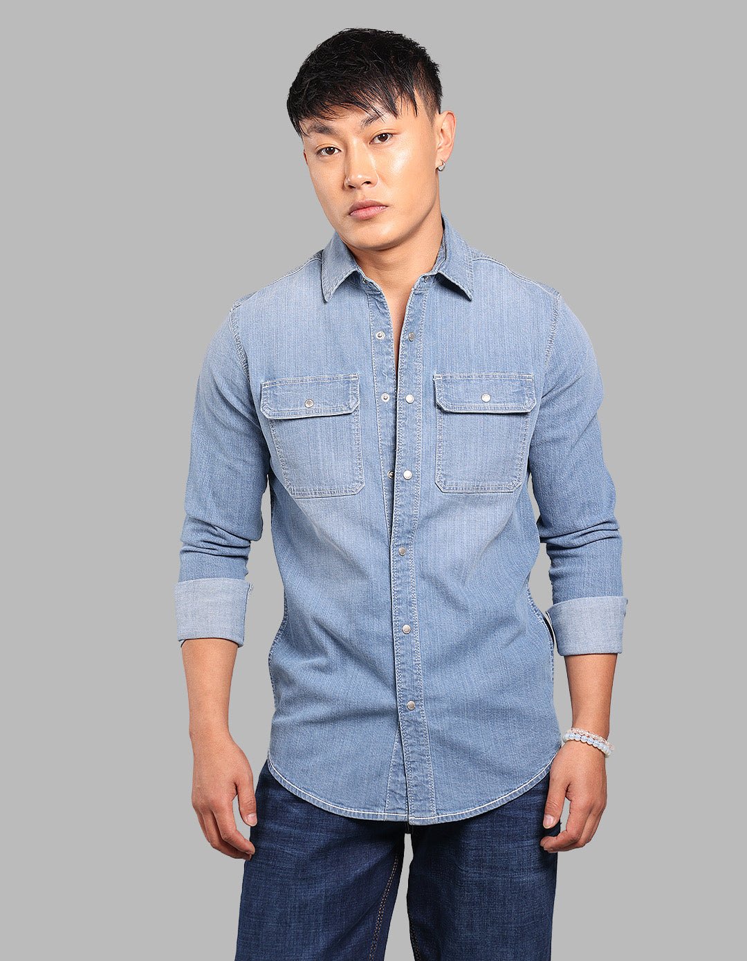 Med Blue Full Sleeve Stretch Denim Shirt