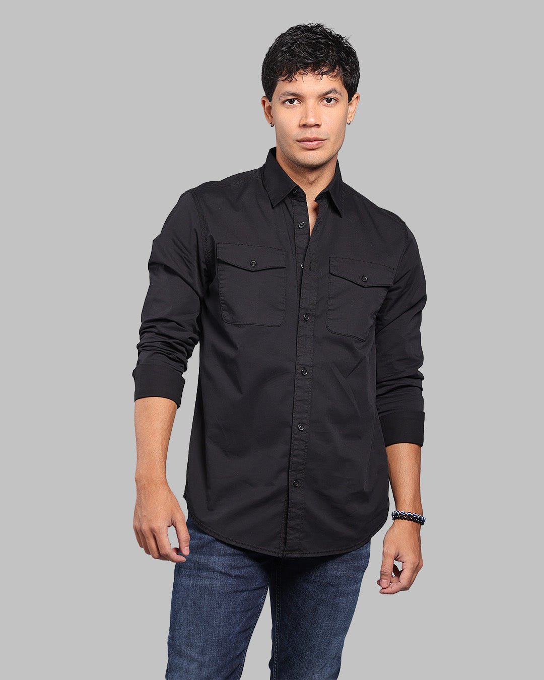 Black Full Sleeve Stretch Cargo Shirt