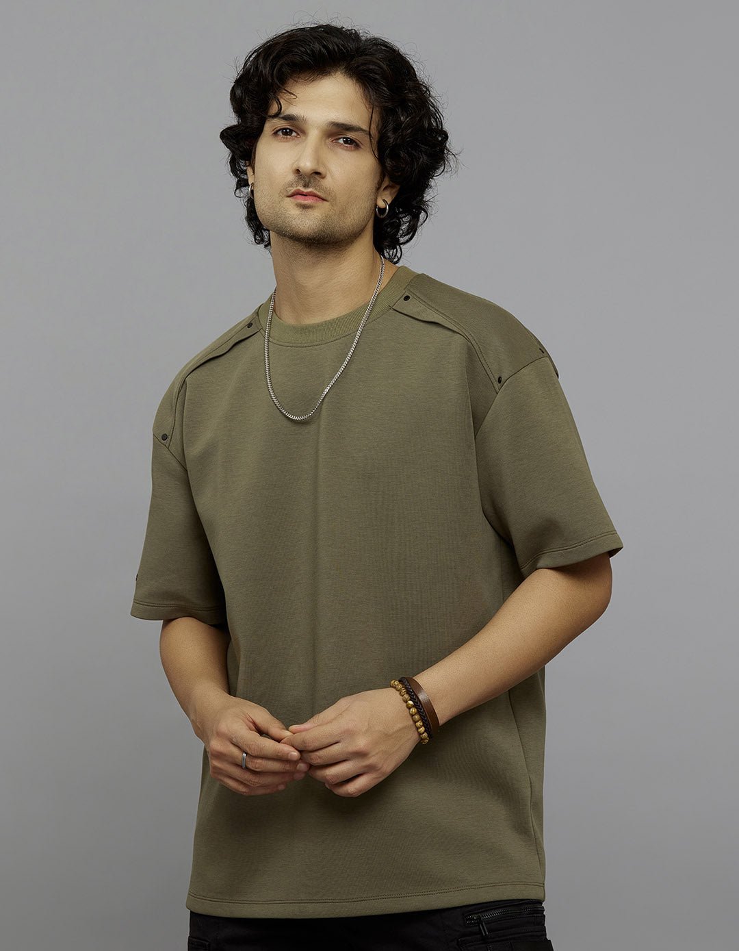 Olive Half Sleeves Round Neck Oversized Tee