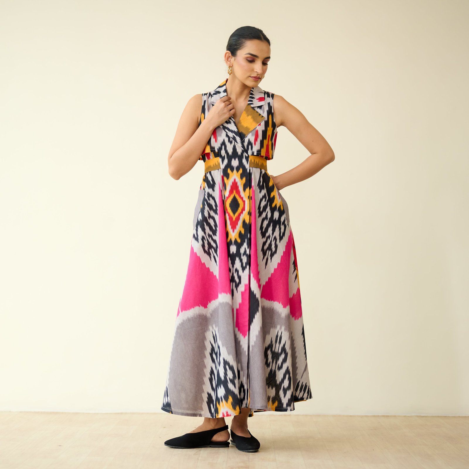Bohemian Breeze Slub Cotton Dress - Pink & Grey