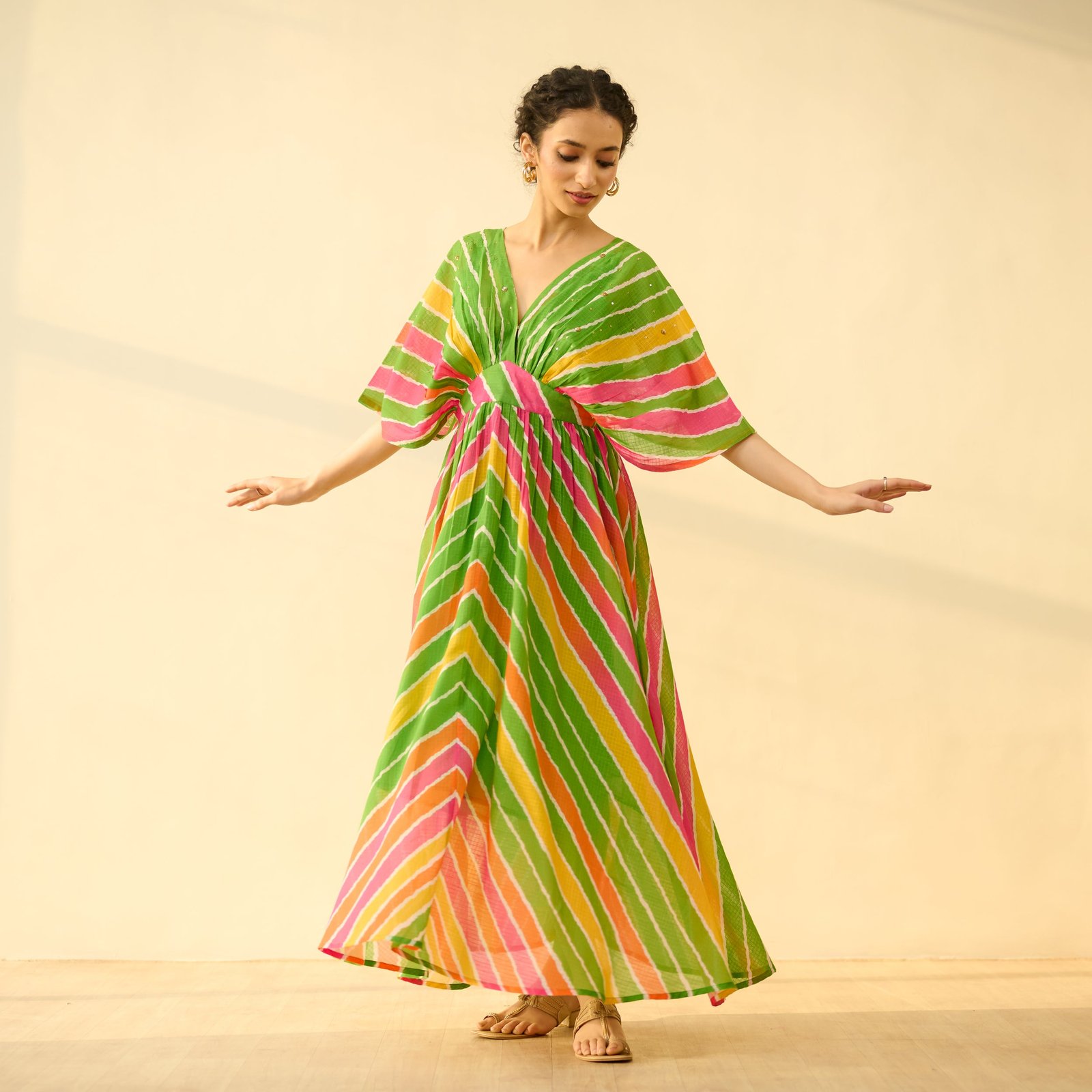Bebo Hand Embroidered Kota Doria Cotton Maxi Dress - Multicolour