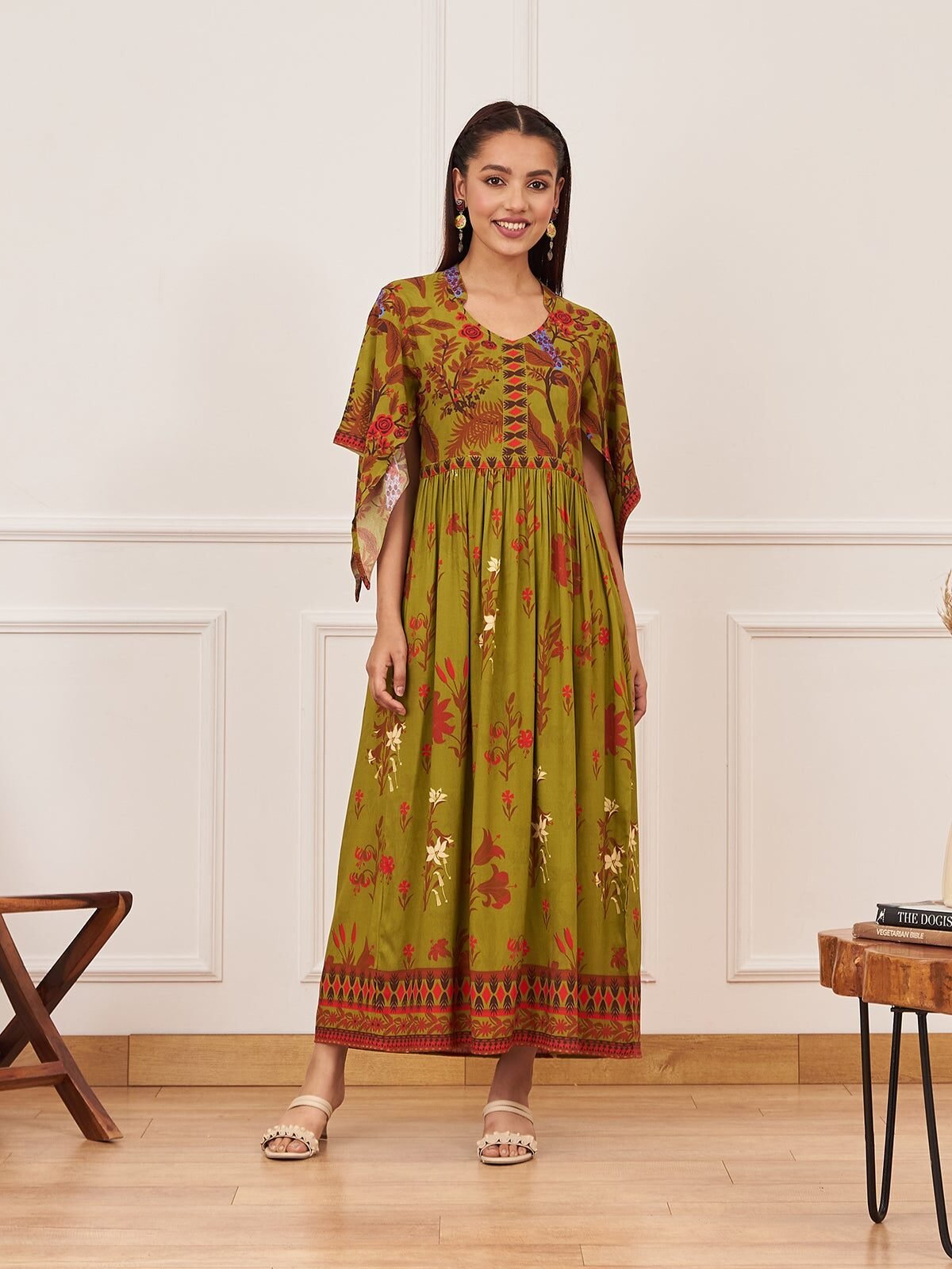 Olive Green Gathered Dress with Flutter Sleeves