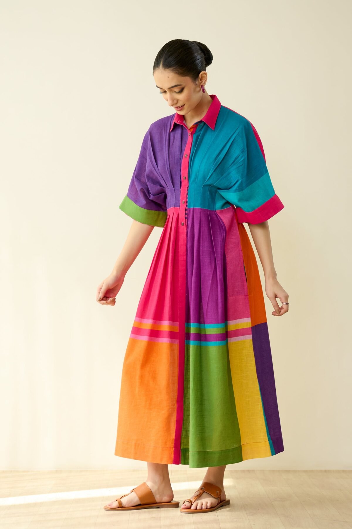 Pop Checks Pure Slub Cotton Dress - Multicolour