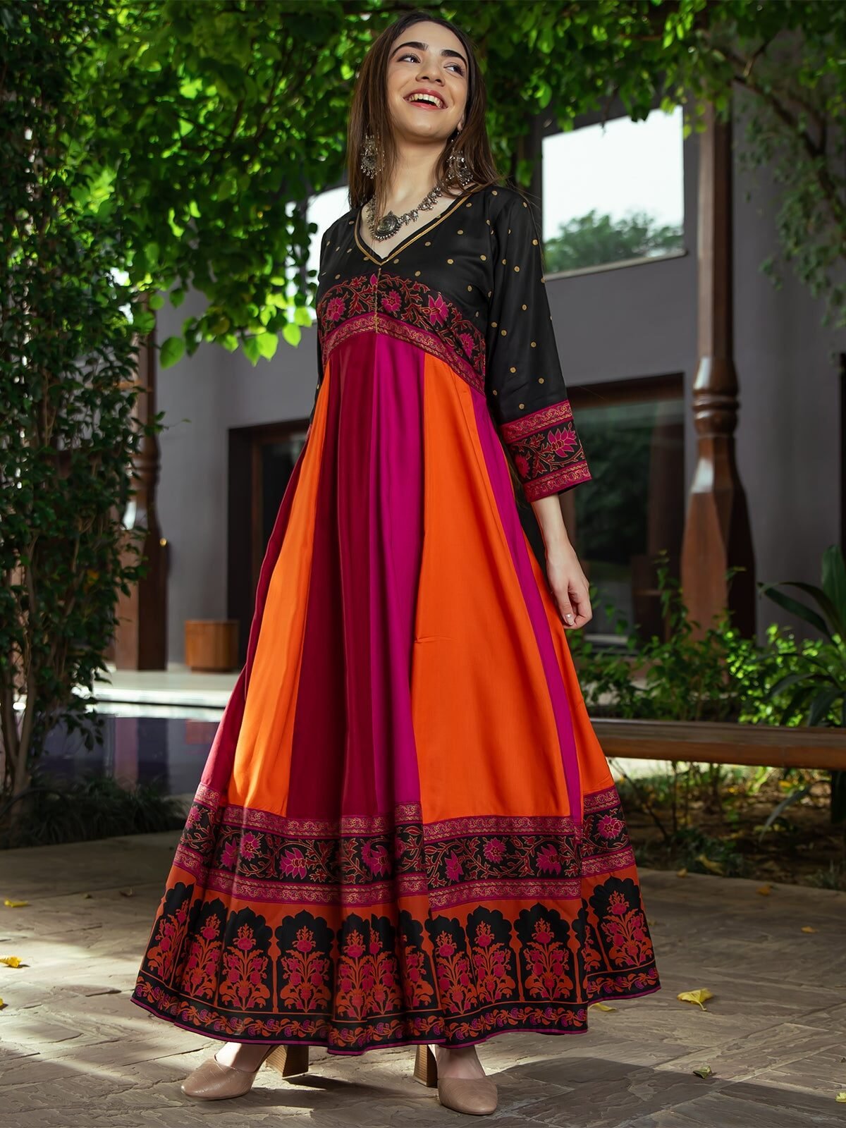 Black Multicolour Long Kalidaar Dress with Border Details
