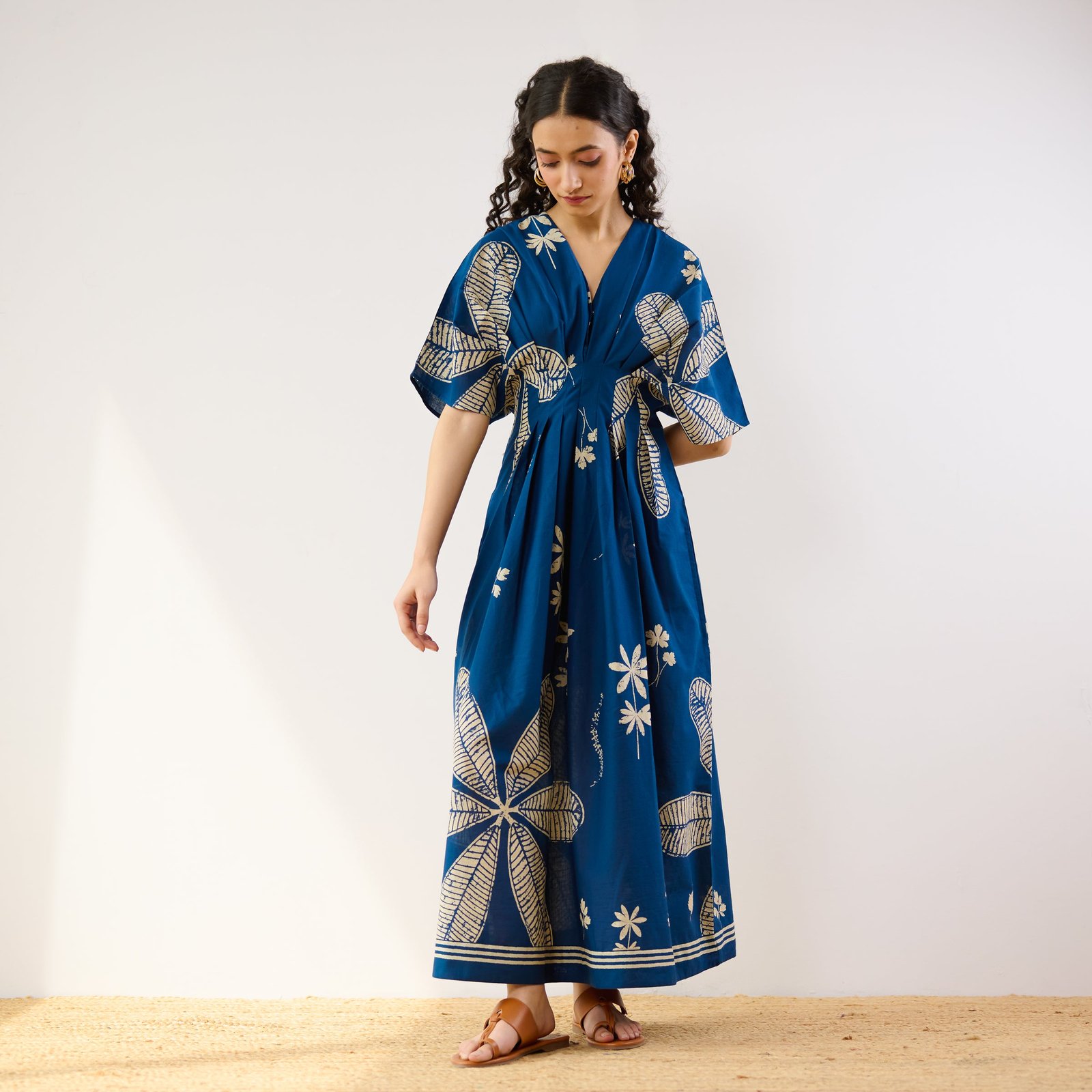 Periwinkle Pleated Cotton Maxi Dress - Blue