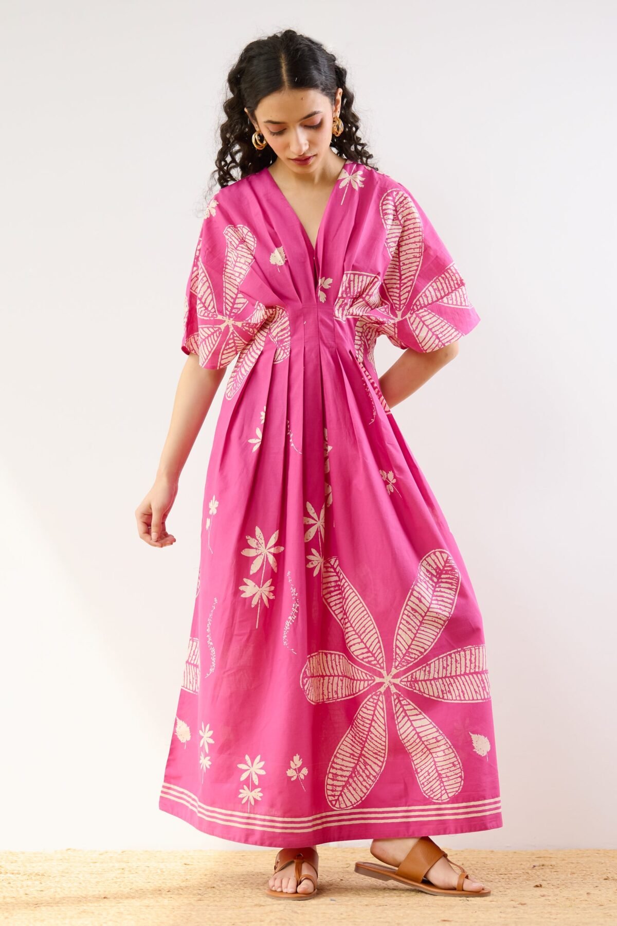 Periwinkle Pleated Cotton Maxi Dress - Pink