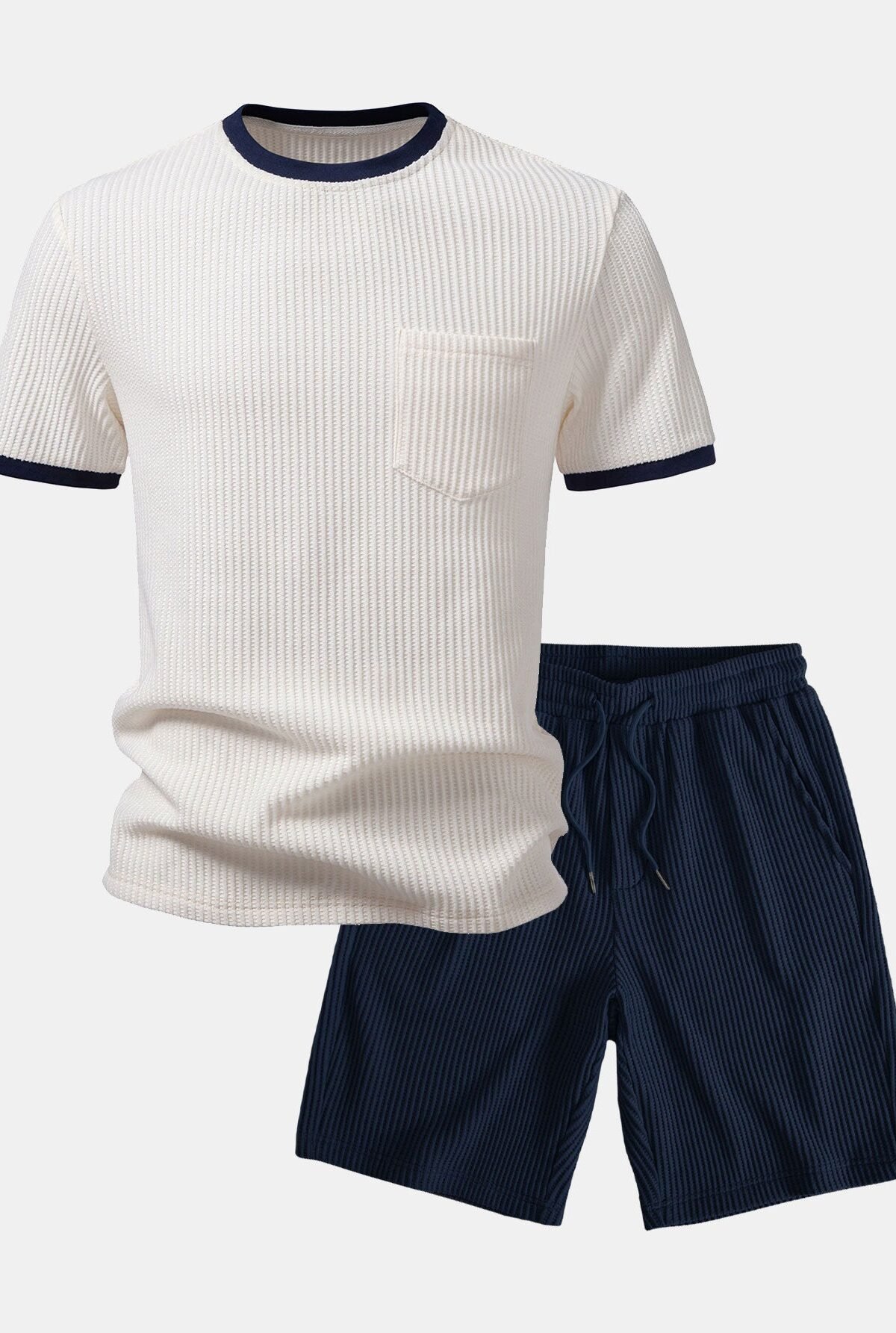 Contrast Waffle T-Shirt With Pocket & Drawstring Knit Waffle Shorts