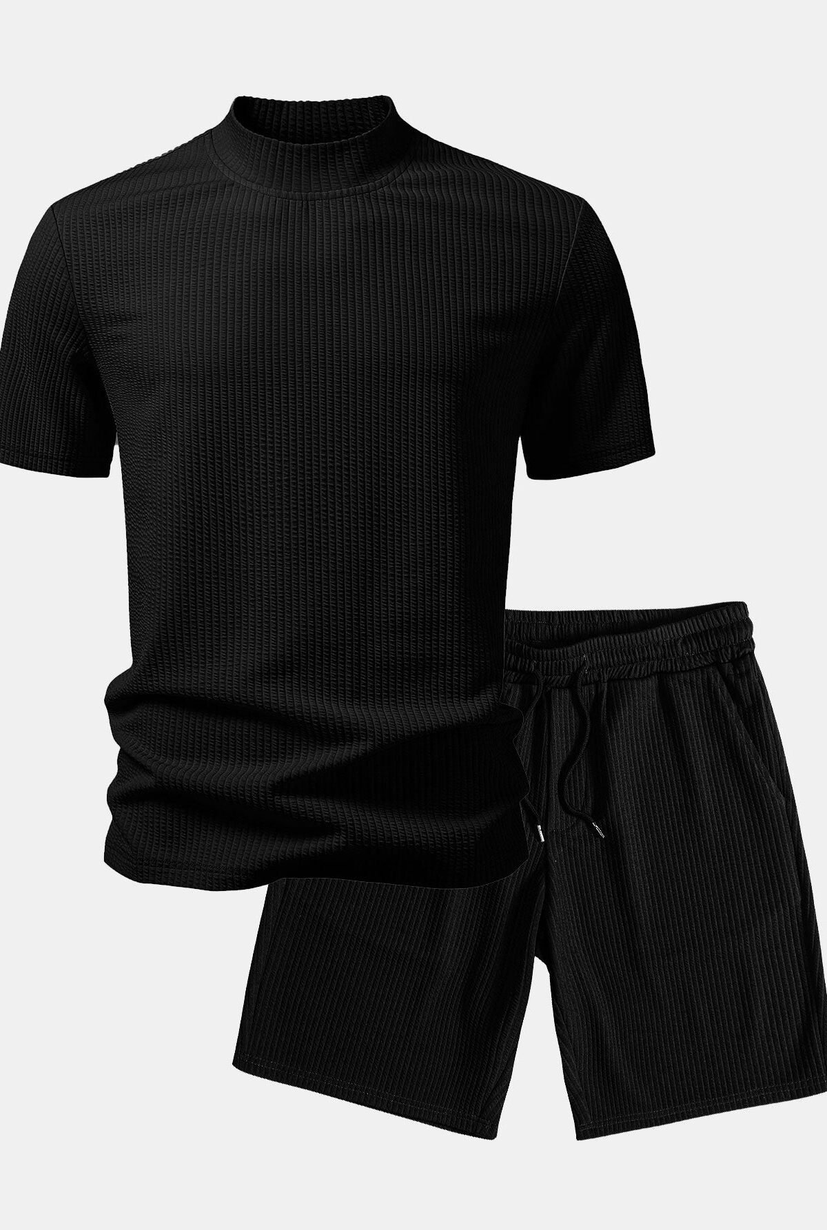 Ribbed  Mock Neck T-Shirt & Drawstring Ribbed Shorts