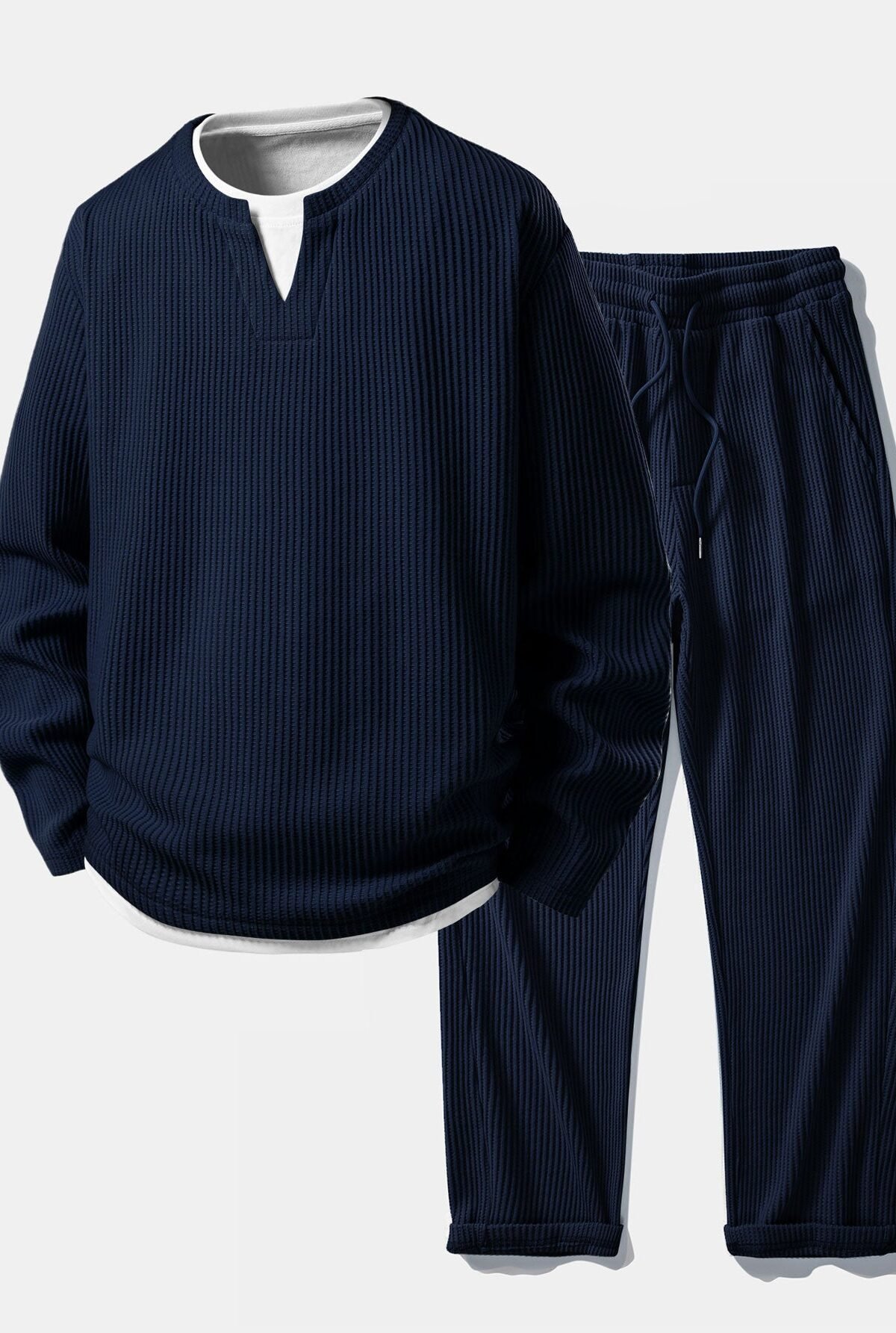 Relax Fit Waffle 2 In 1 Notched Collar T-Shirt & Drawstring Knitted Waffle Pants