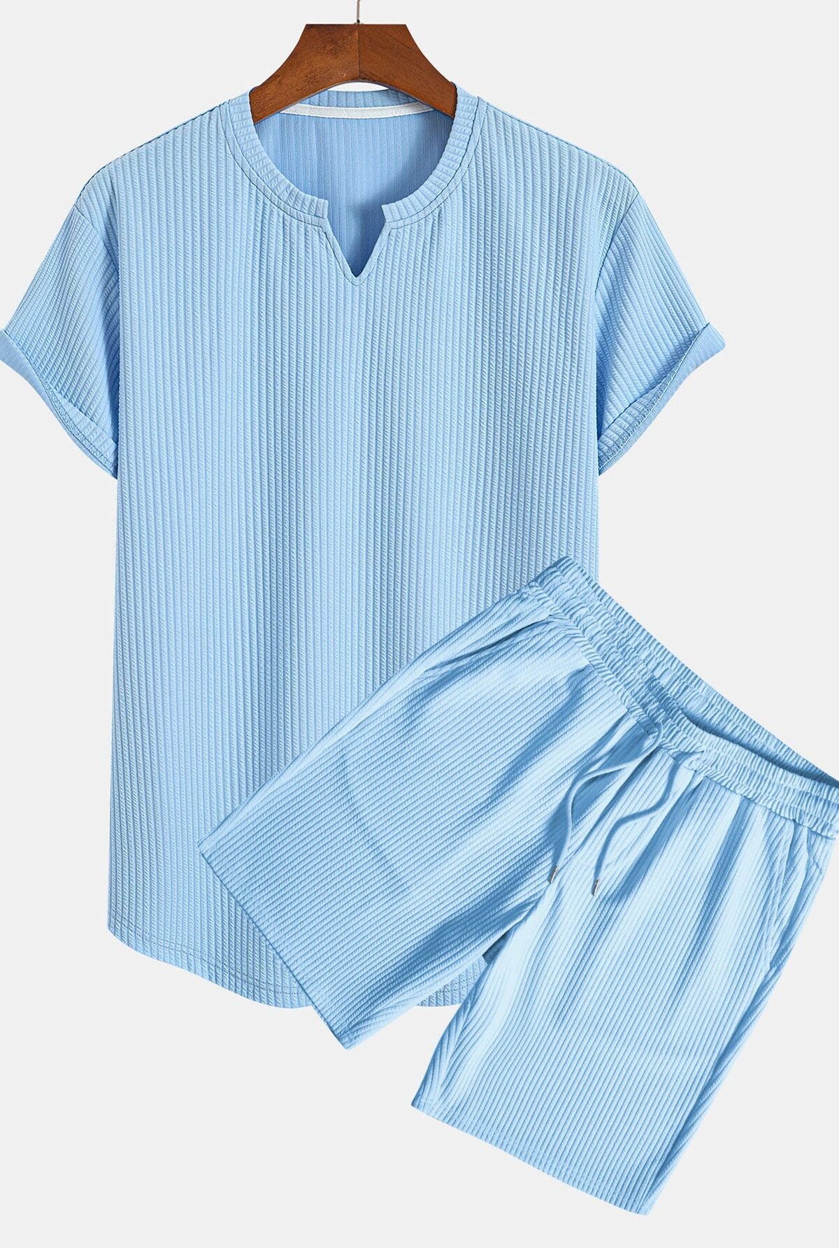 Muscle Fit Notch Ribbed Arc Hem T-Shirt & Drawstring Ribbed Shorts