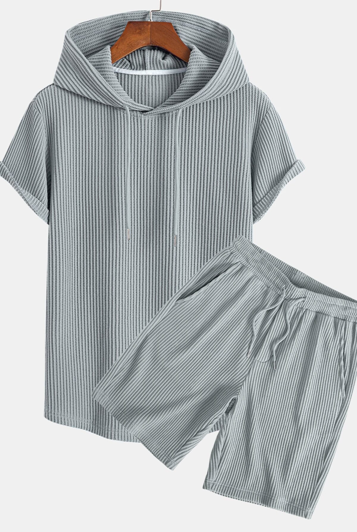 Knitted Waffle Arc Hem Hooded T-Shirt & Drawstring Waffle Shorts