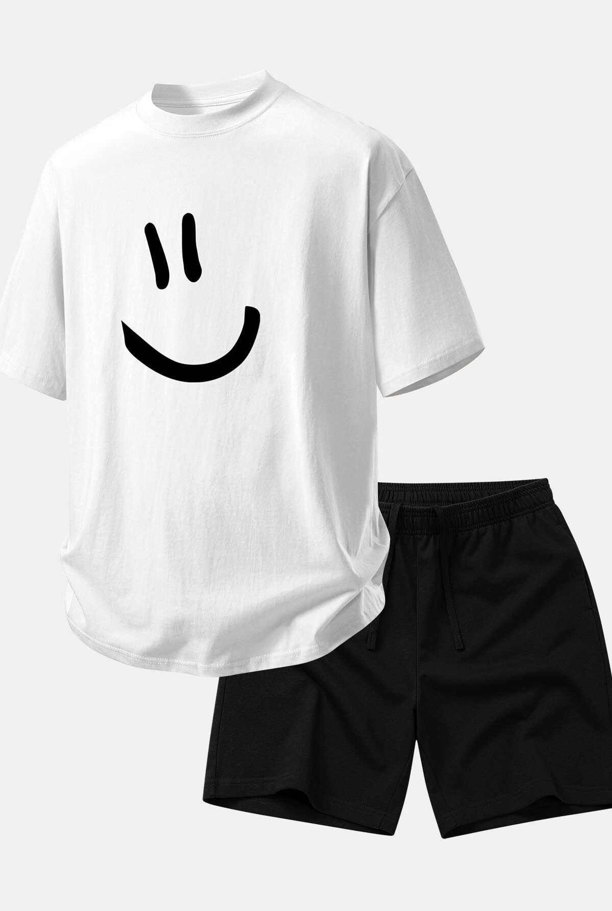 Relax Fit Smiley Face Print Cotton T-Shirt & Cotton Drawstring 7" Shorts