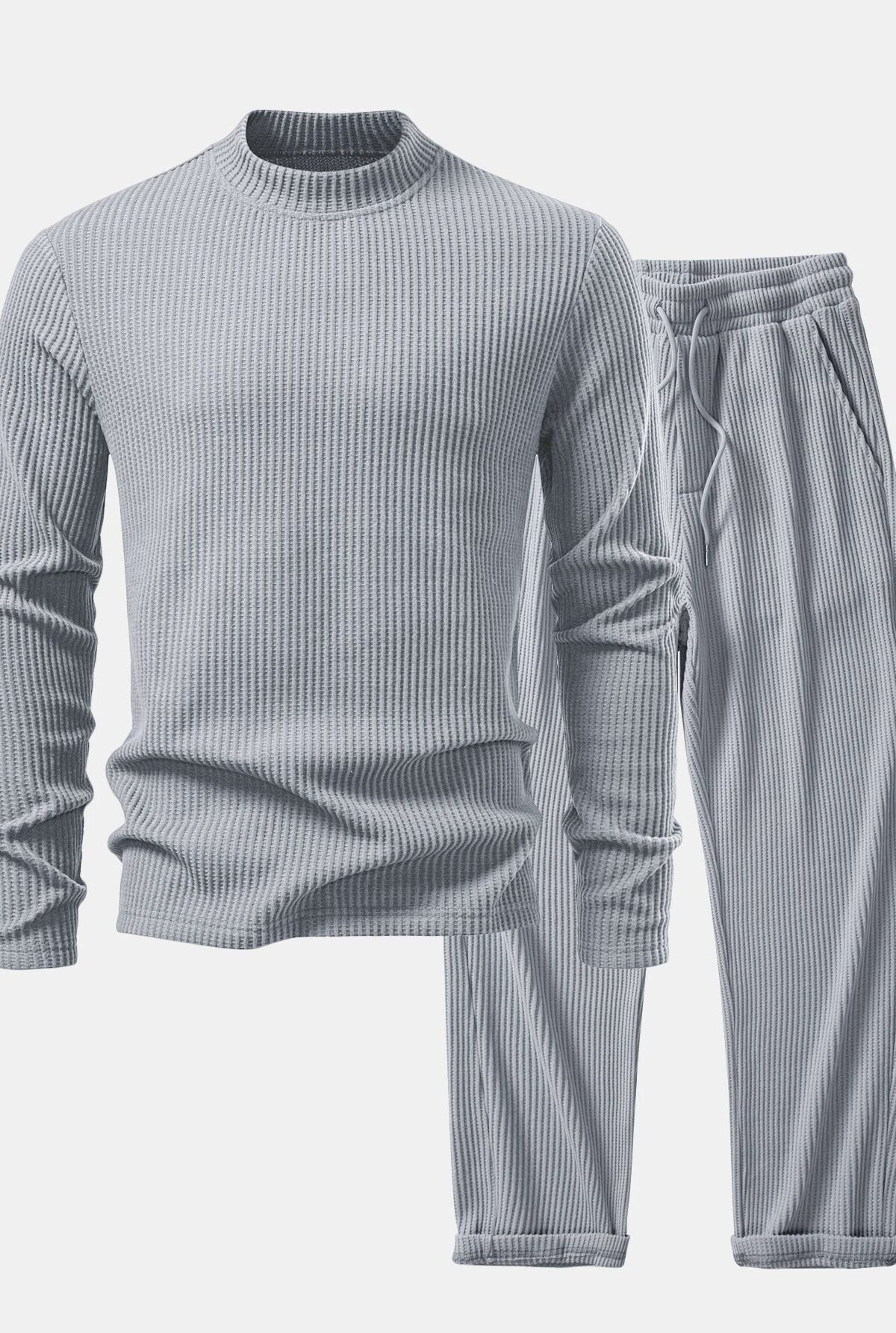 Long Sleeve Waffle Mock Neck T-Shirt & Drawstring Knitted Waffle Pants