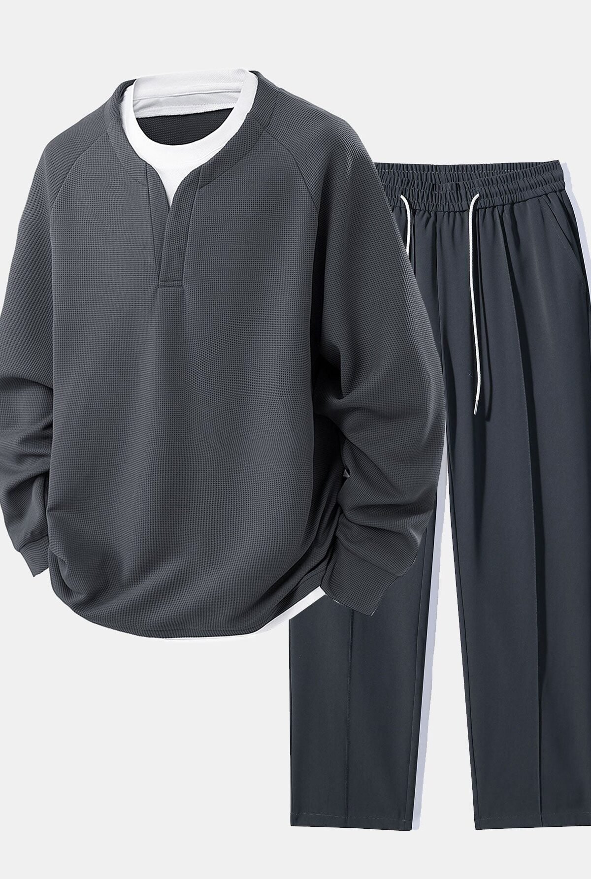 Raglan Sleeve 2 In 1 Waffle T-Shirt & Single Pleat Drawstring Straight Leg Pants