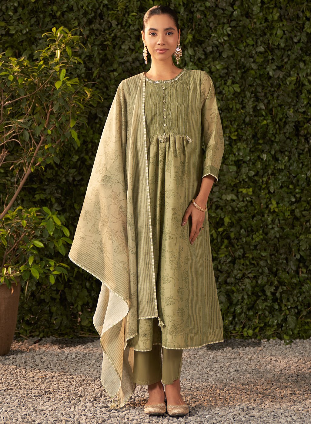Amaya Green Printed Chanderi Suit Set with Dupatta