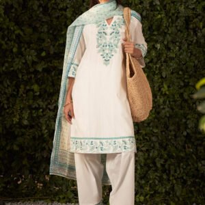 Rose Sea Green Embroidered Cotton Jacquard Suit Set with Dupatta