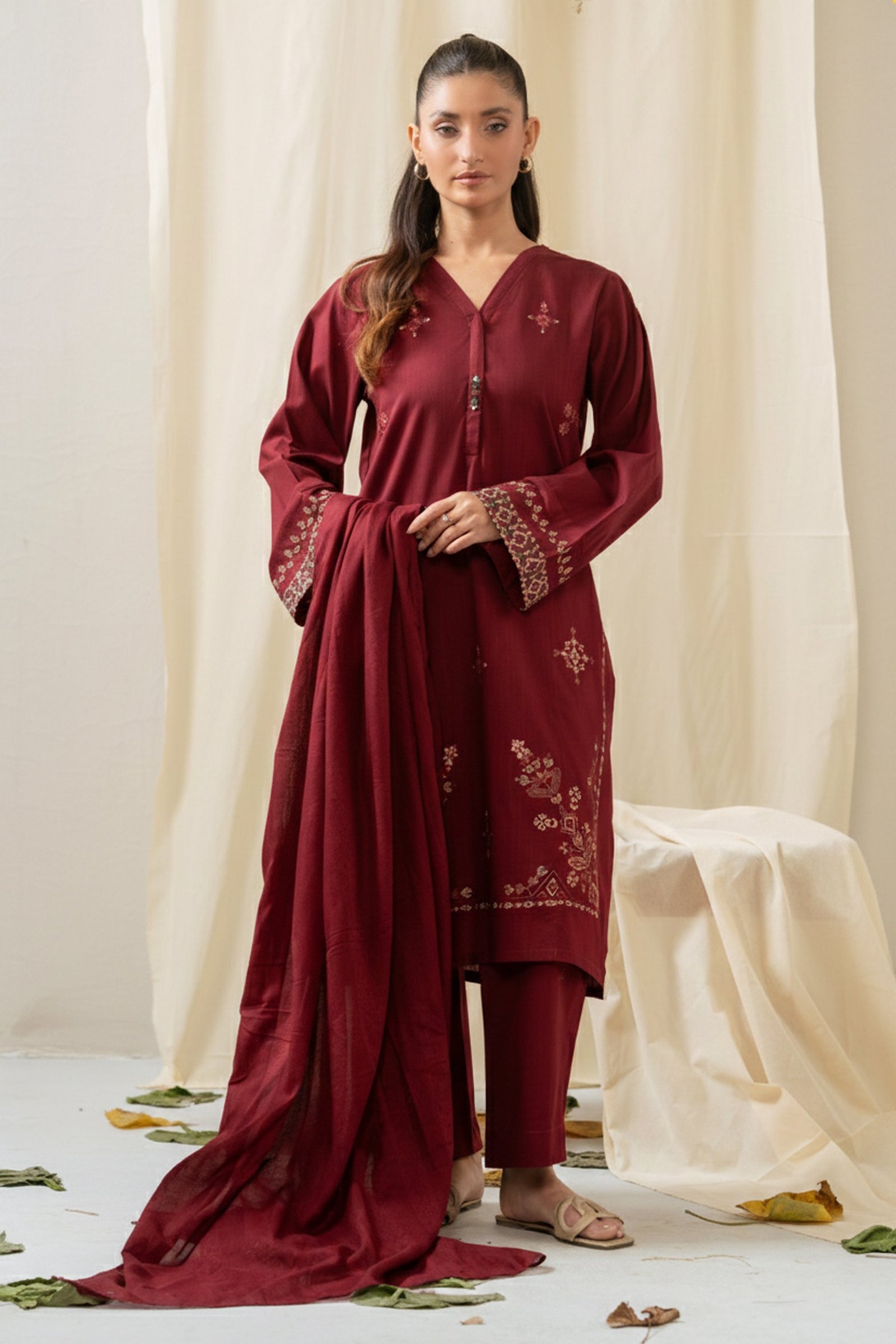 Embroidered Both Side Slub Stitched 3 Piece Suit