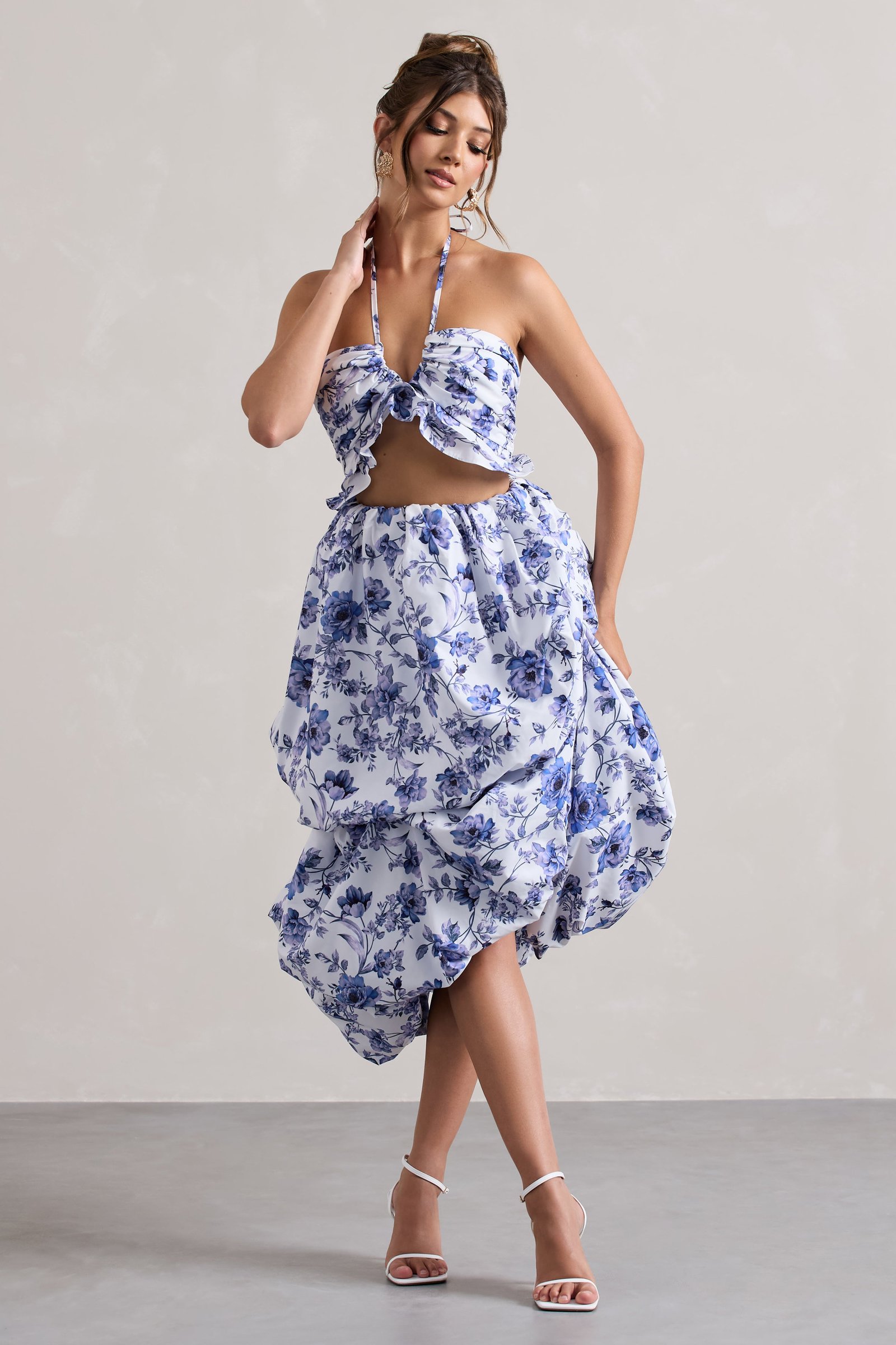 Floral Print Volume High-Low Midi Skirt