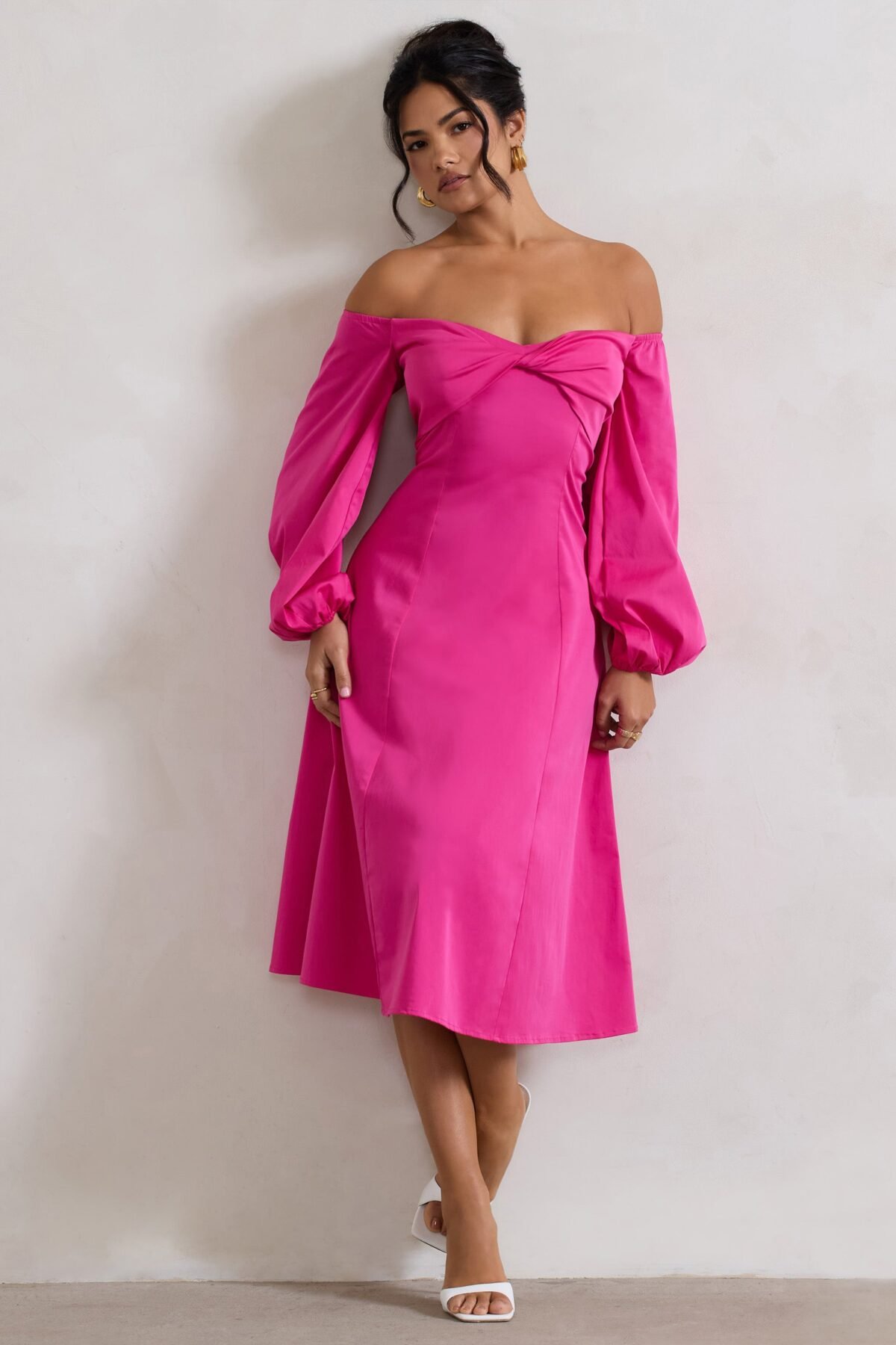 Hot Pink Twisted Bardot Puff-Sleeve Midi Dress