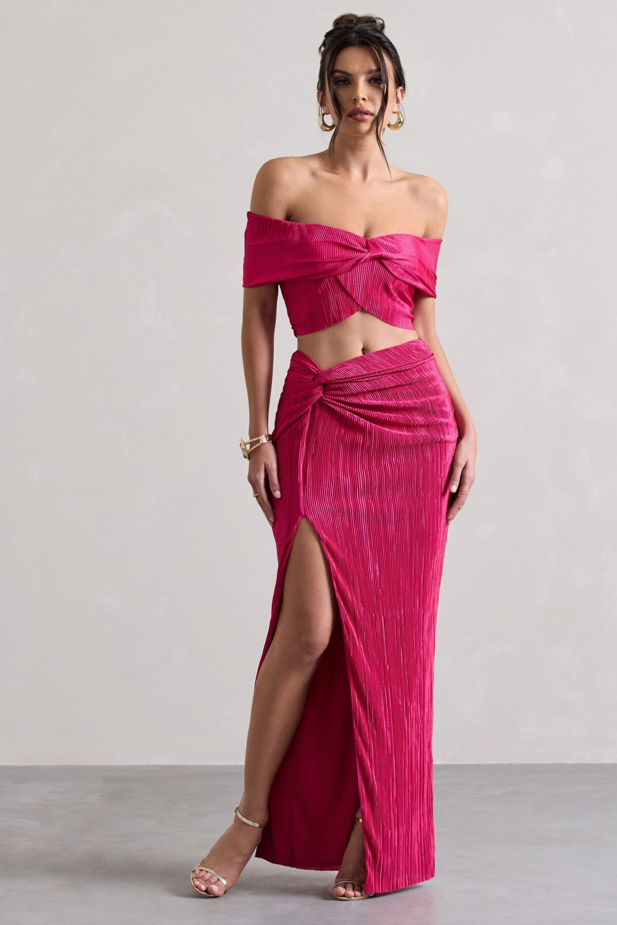 Hot Pink Plisse Knot Split Maxi Skirt