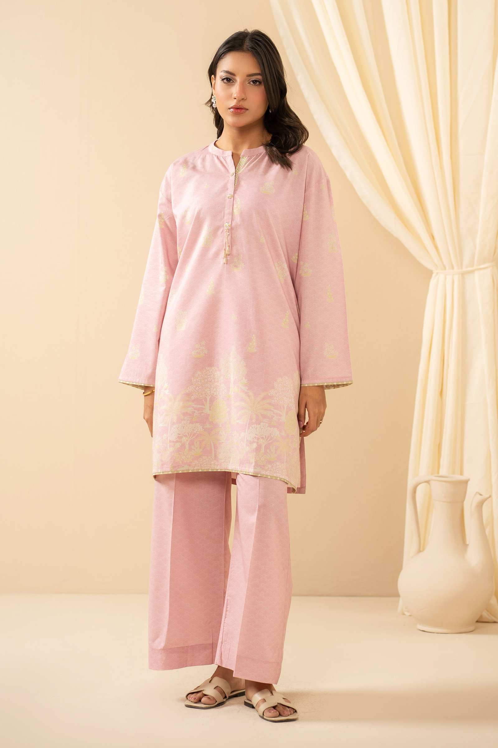 Stitched Printed Cotton Linen Viscose Suit