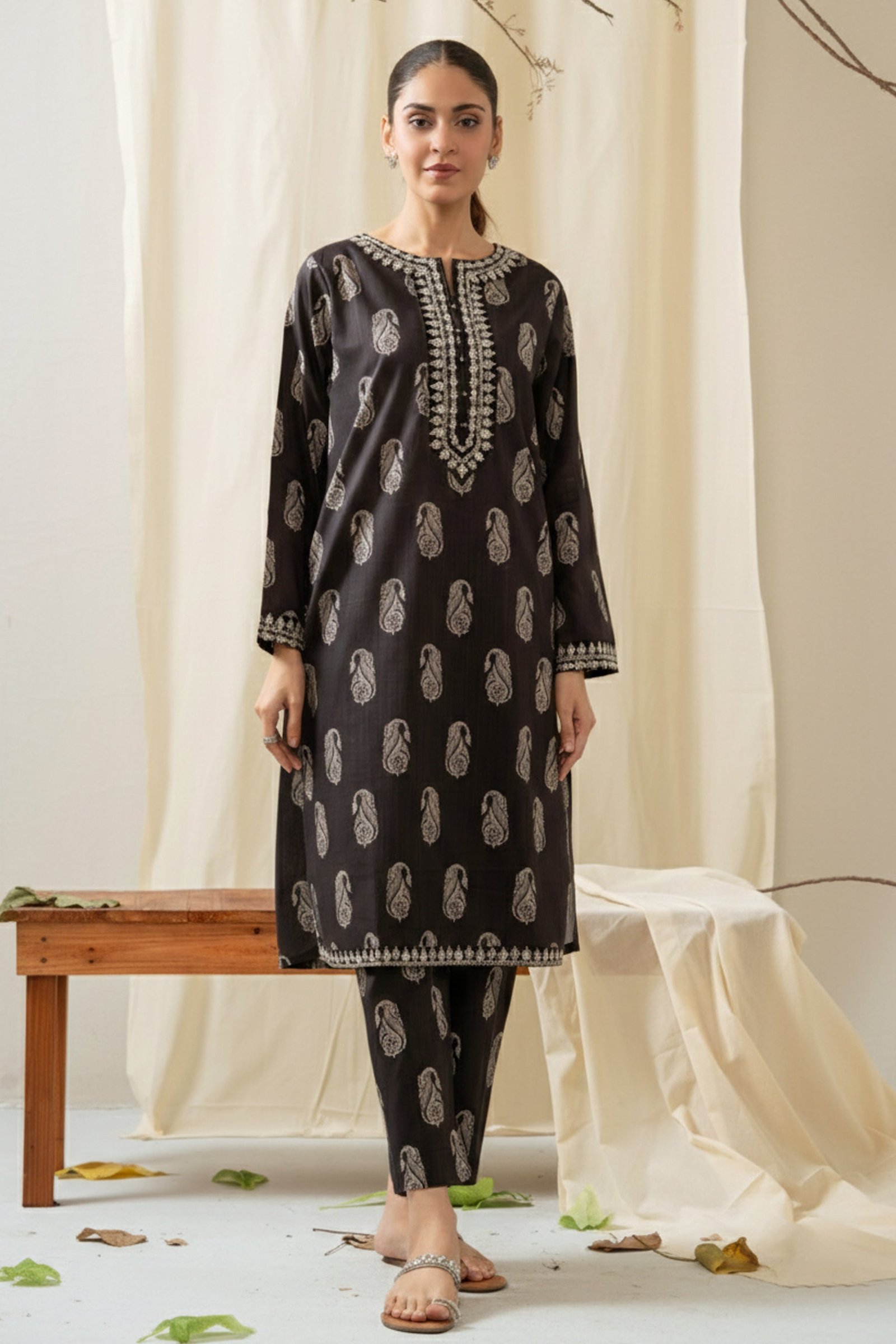 Printed Embroidered Both Slide Slub Stitched 2 Piece Suit