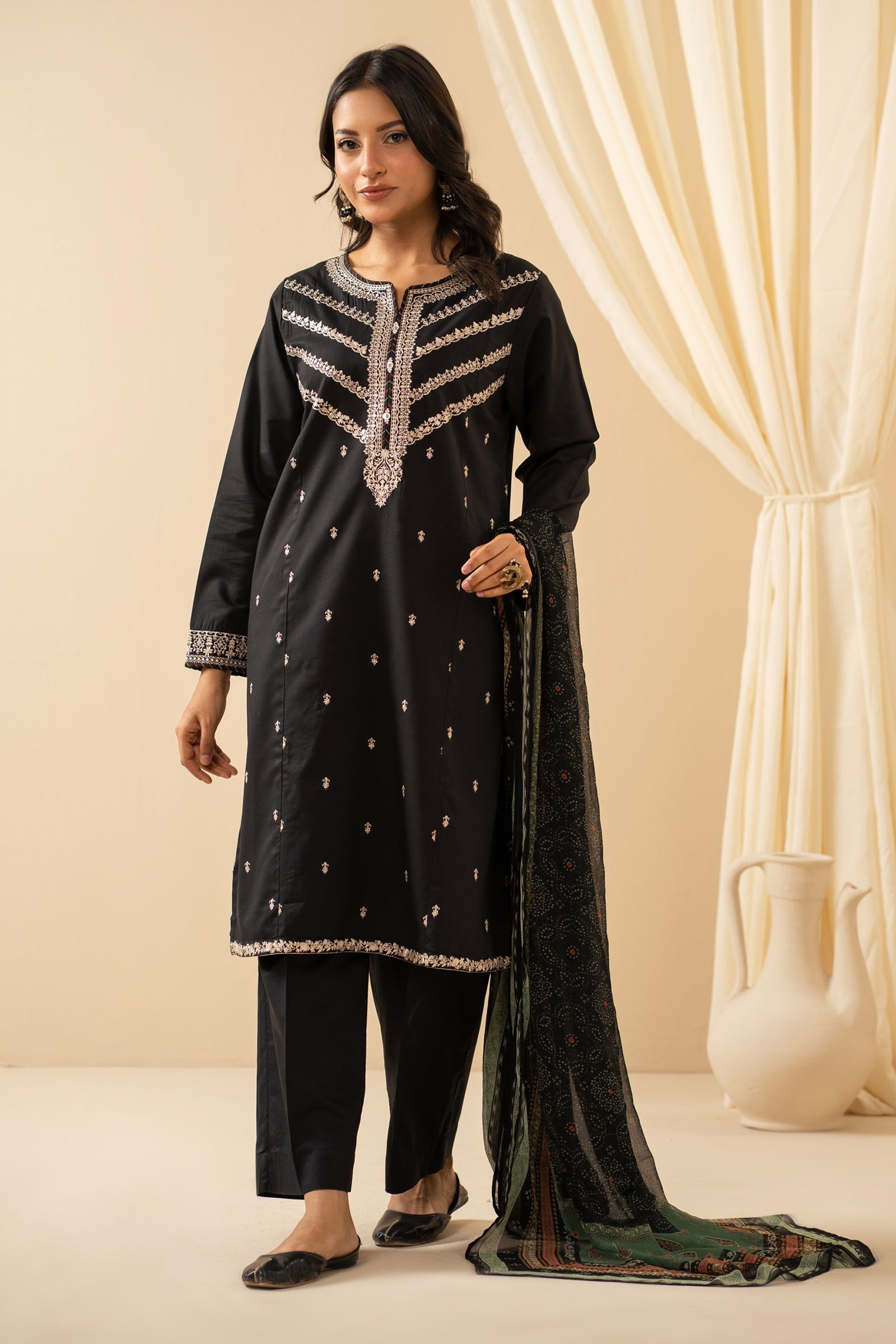 Stitched Embroidered Cotton Linen Viscose Suit