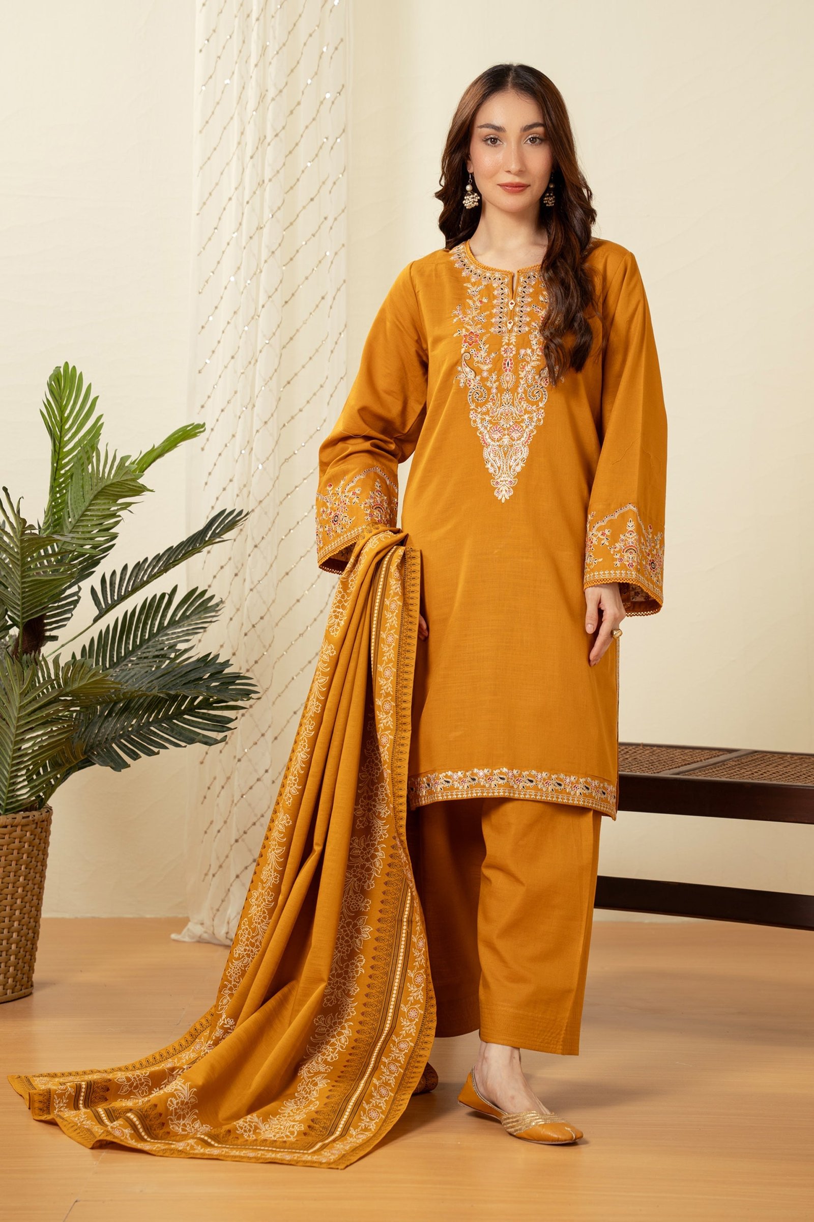 Embroidered Linen Viscose Stitched Shirt Bottom