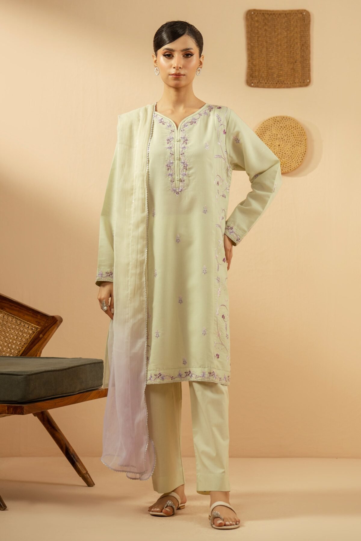 Embroidered Cambric Zari Stitched 3 Piece Suit