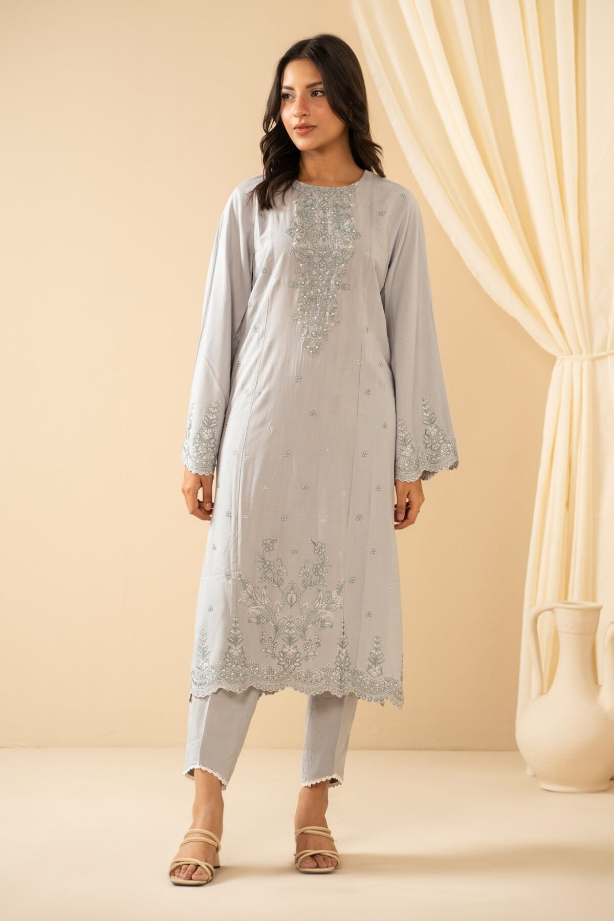 Embroidered Raw Silk Stitched 2 Piece Suit
