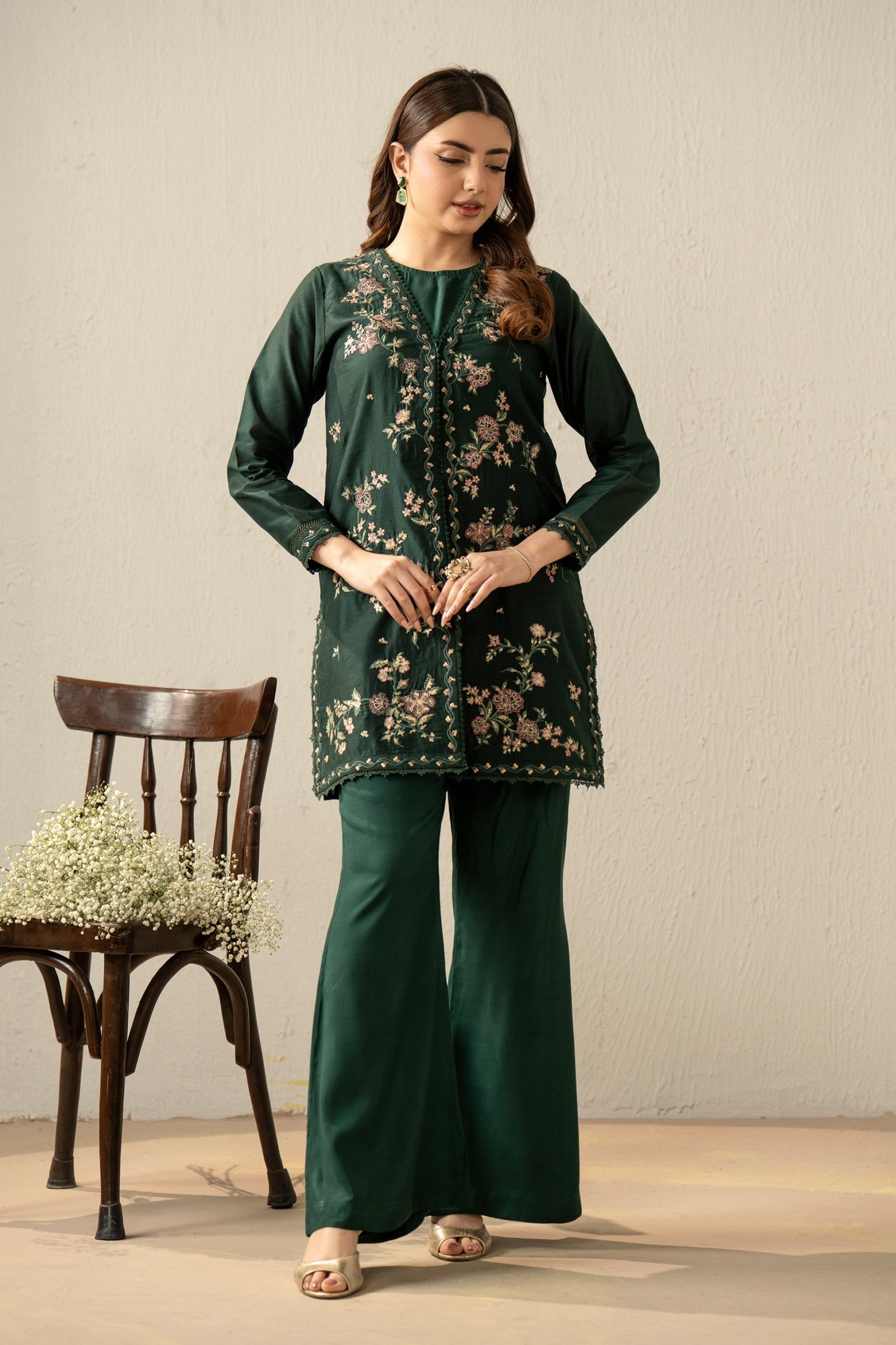 Embroidered Cotton Net Stitched 2 Piece Suit