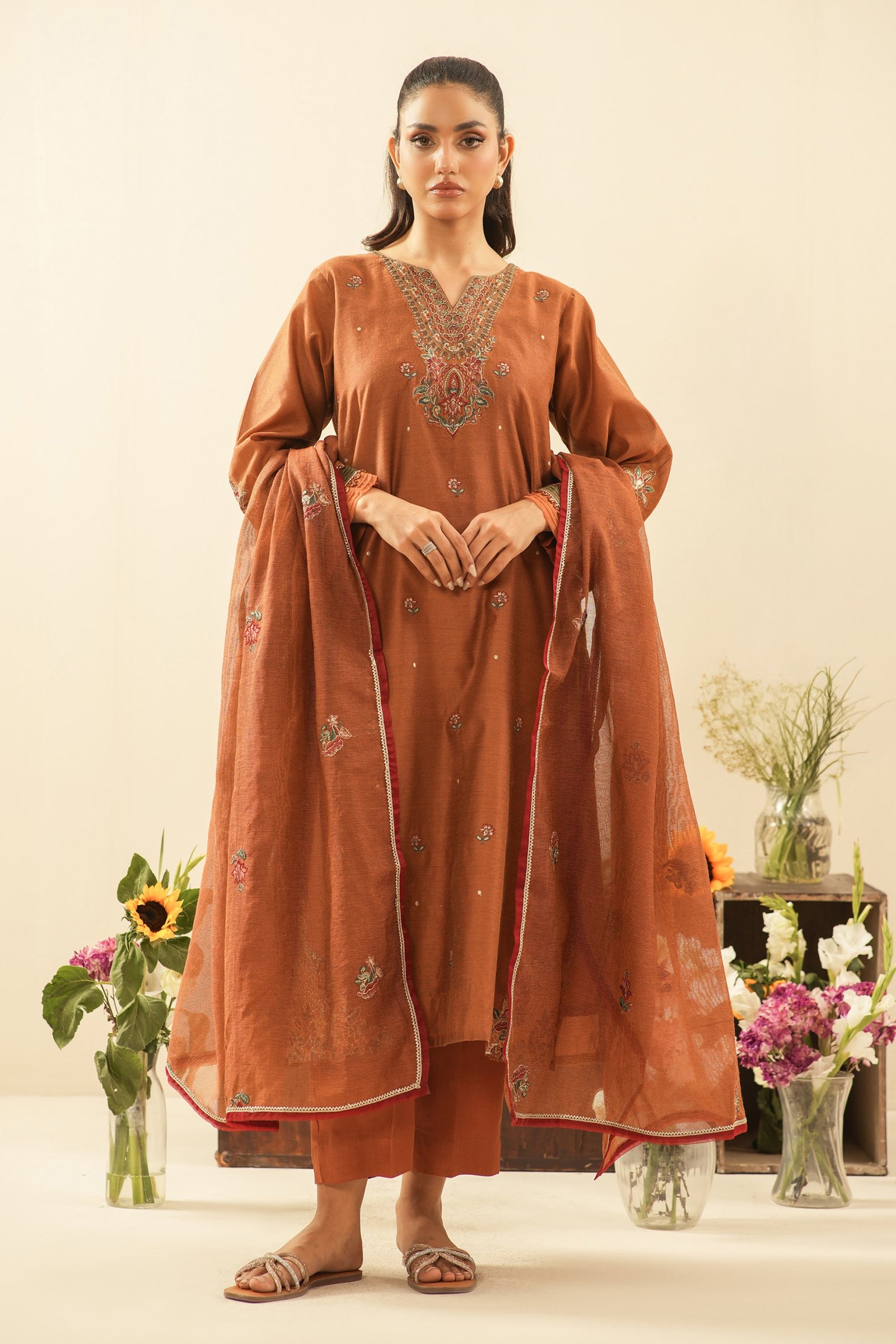 Stitched Embroidered Cotton Net Suit
