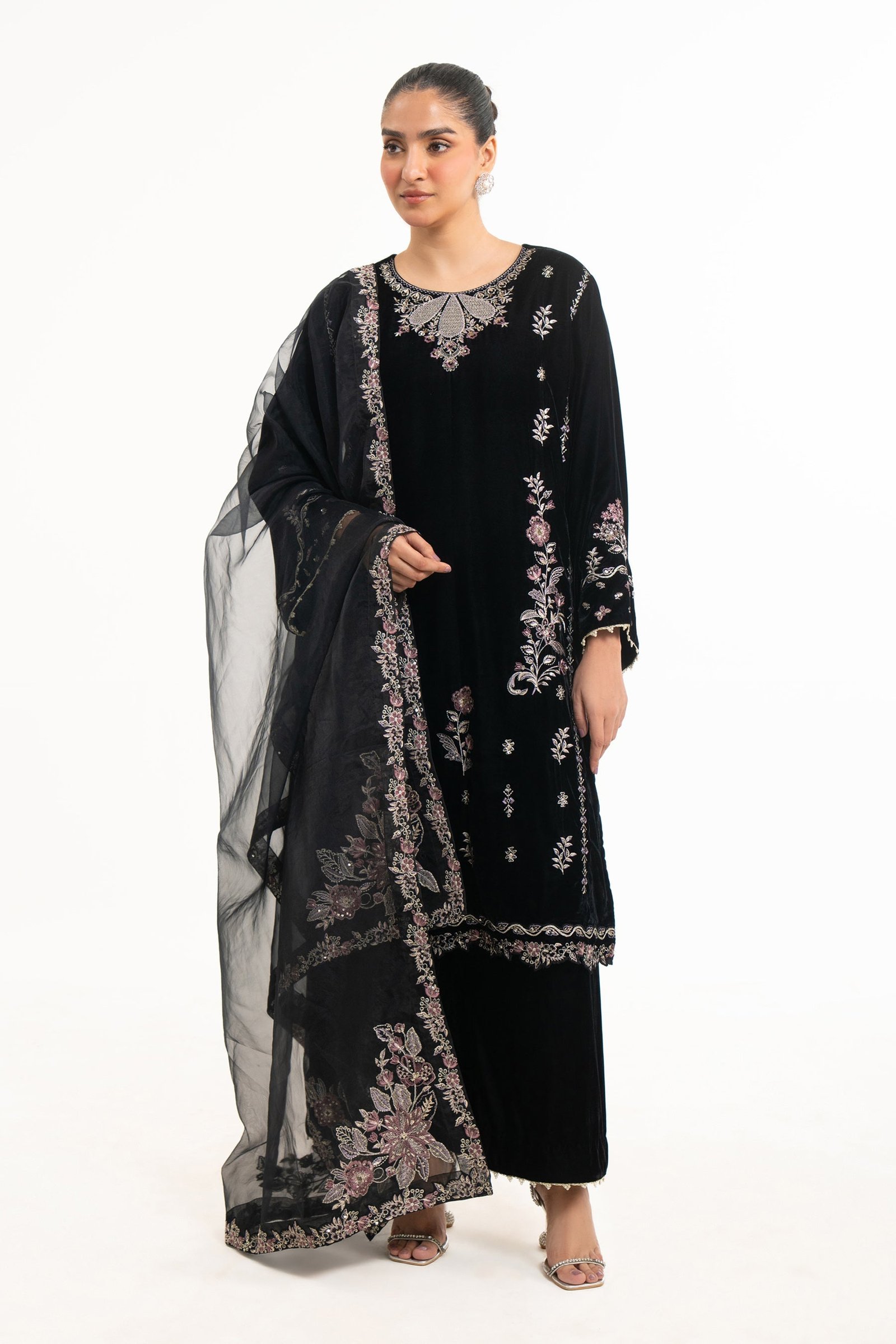 Embroidered Velvet Stitched Shirt Bottom