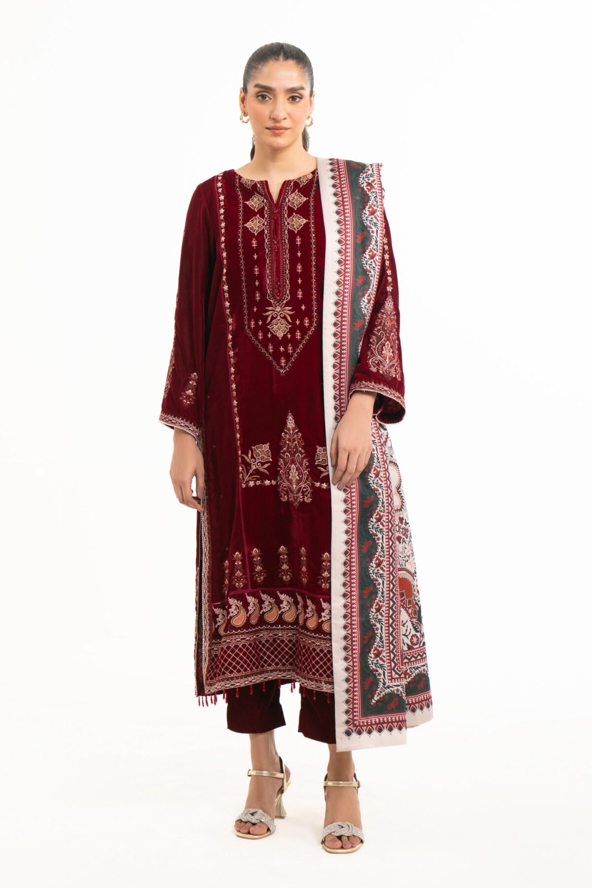 Embroidered Velvet Stitched 3 Piece Suit