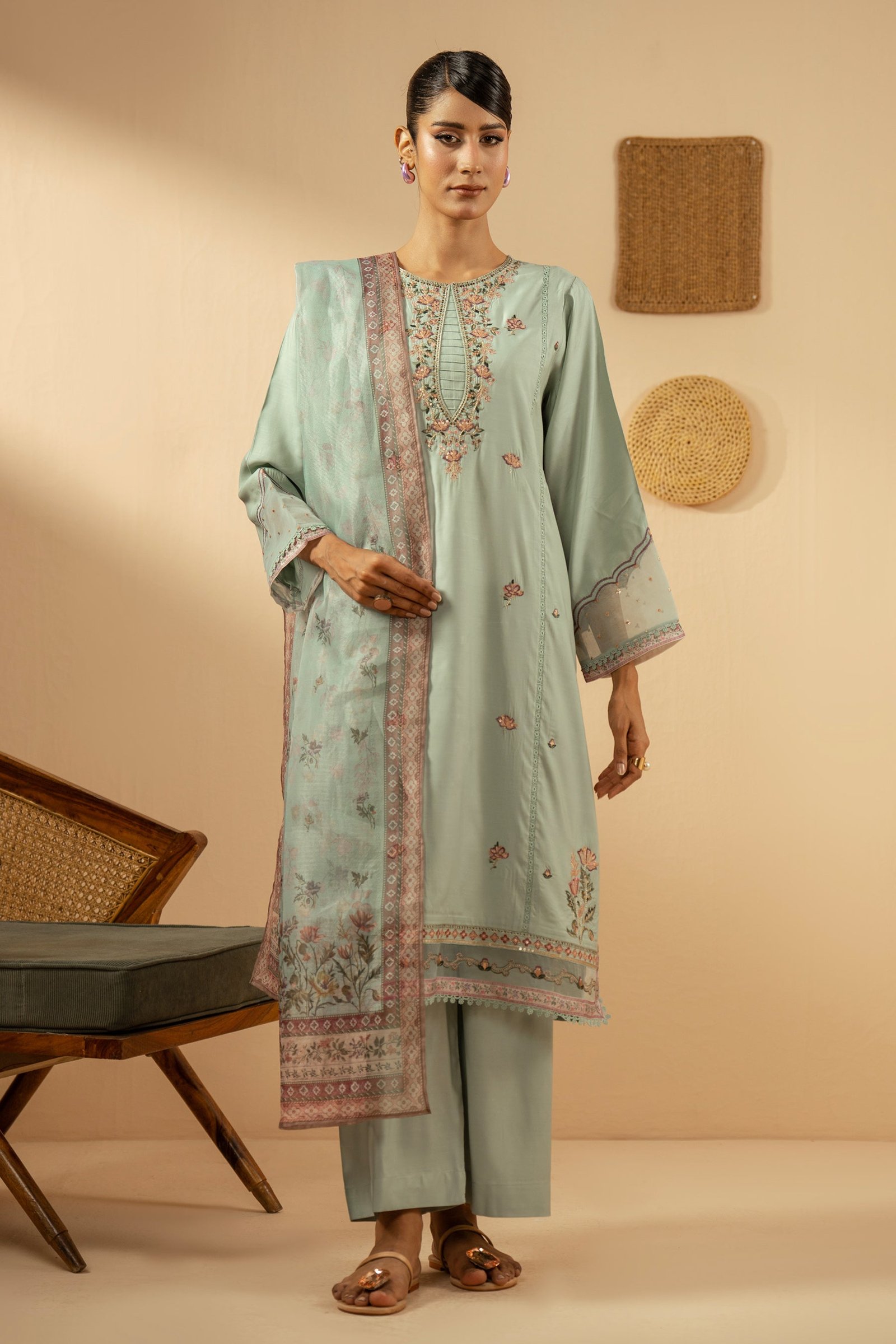 Embroidered Raw Silk Stitched 3 Piece Suit